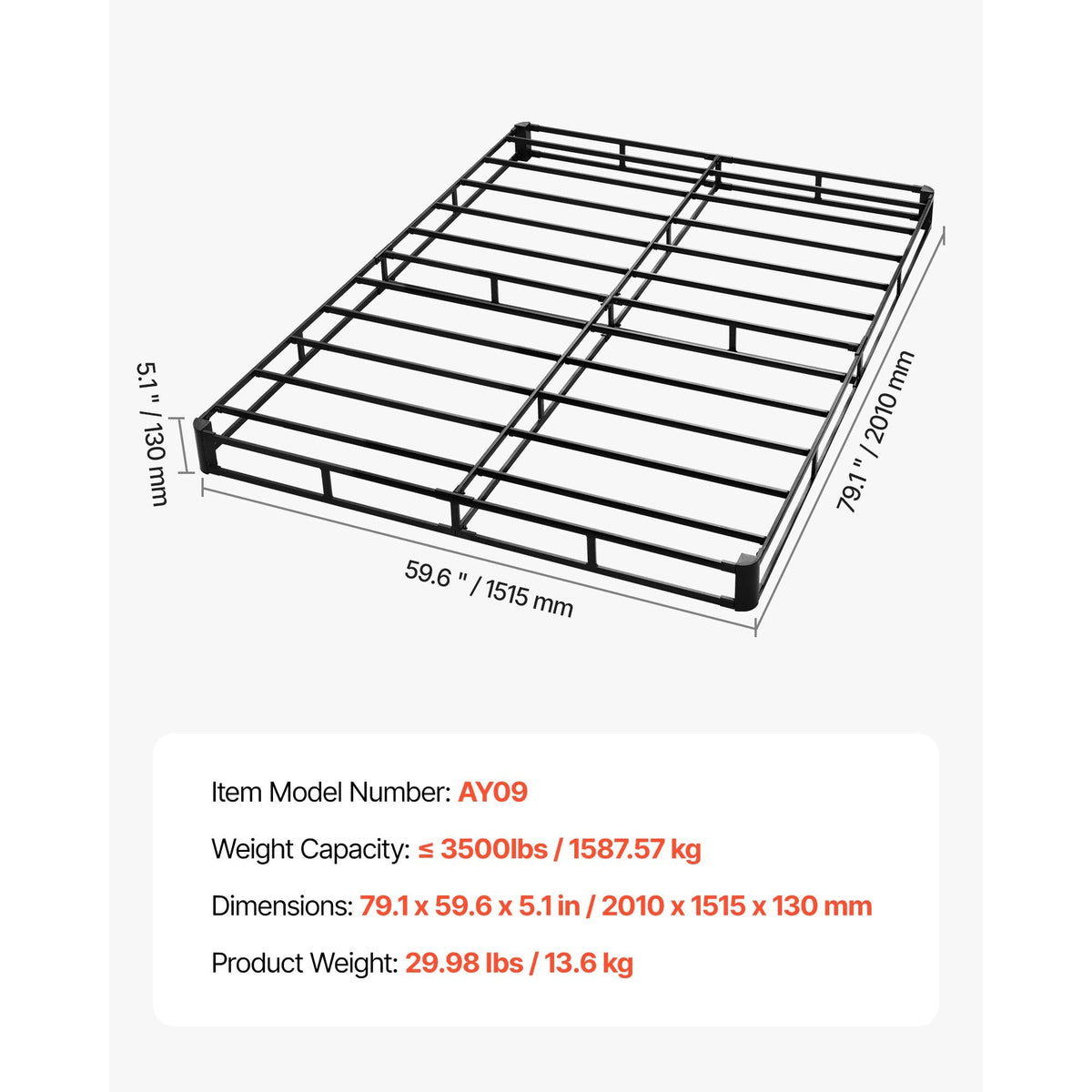 Box Spring, Queen Size Bed Frame with Washable Fabric Cloth, Heavy Duty Metal Frame for Queen Bed, 5 in Mattress Foundation, 3500 lbs Max Weight Capacity, Easy Assembly, 79.1L x 59.6W x 5.1H in