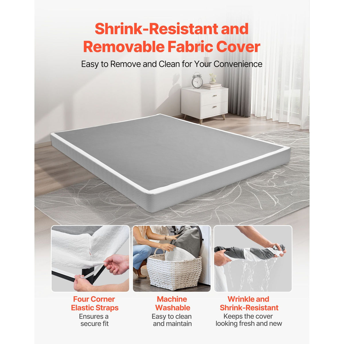 Box Spring, Queen Size Bed Frame with Washable Fabric Cloth, Heavy Duty Metal Frame for Queen Bed, 5.1 in Mattress Foundation, 3500 lbs Max Weight Capacity, Easy Assembly, 79.1 x 59.6 x 5.1 in