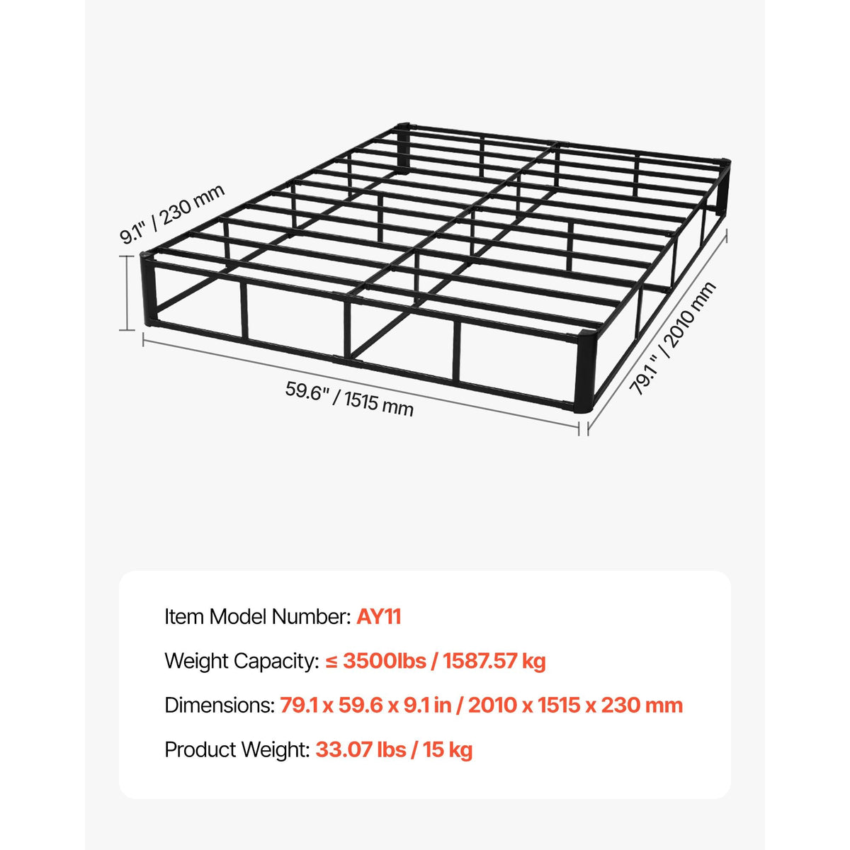 Box Spring, Queen Size Bed Frame with Washable Fabric Cloth, Heavy Duty Metal Frame for Queen Bed, 9 in Mattress Foundation, 3500 lbs Max Weight Capacity, Easy Assembly, 79.1L x 59.6W x 9.1H in