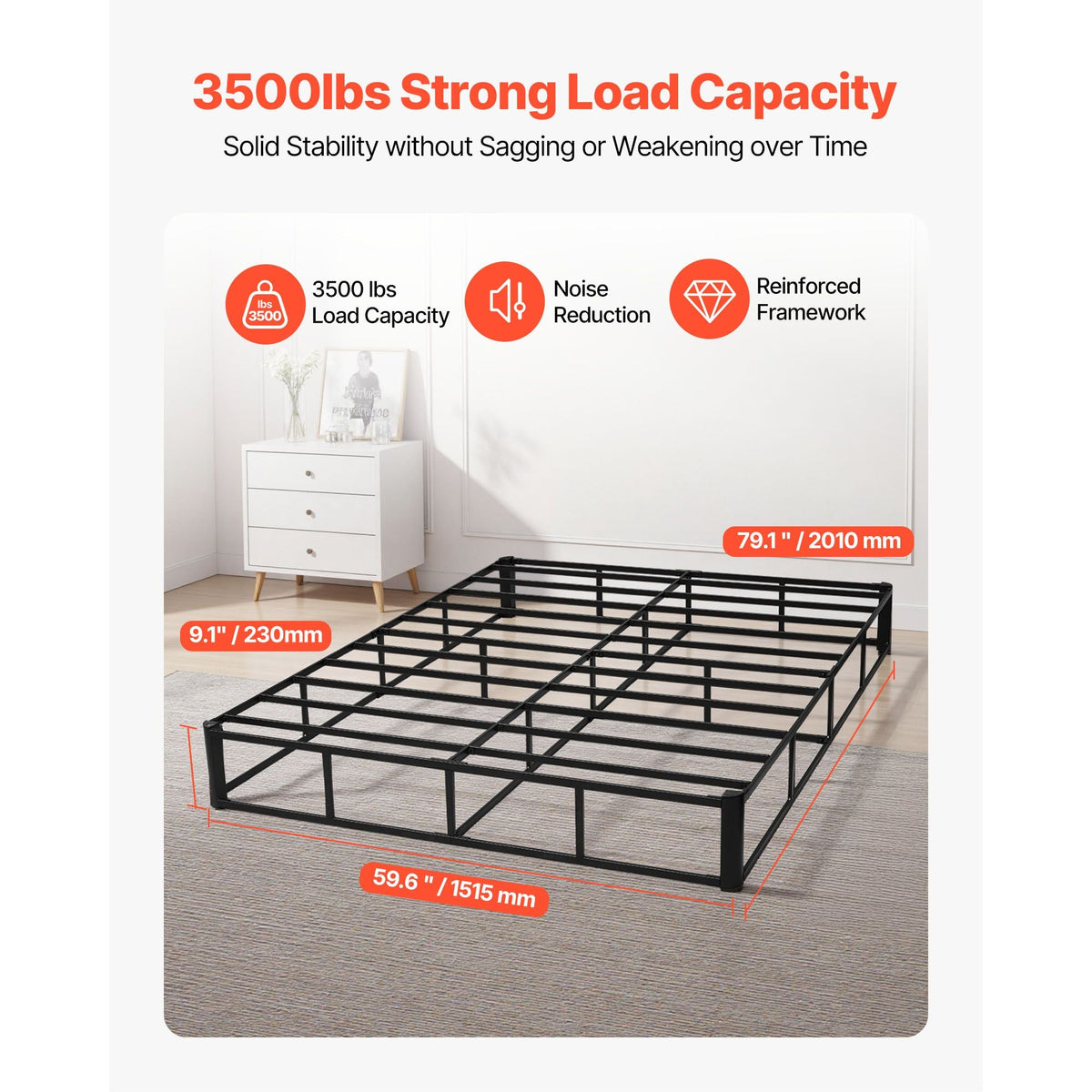 Box Spring, Queen Size Bed Frame with Washable Fabric Cloth, Heavy Duty Metal Frame for Queen Bed, 9.1 in Mattress Foundation, 3500 lbs Max Weight Capacity, Easy Assembly, 79.1 x 59.6 x 9.1 in