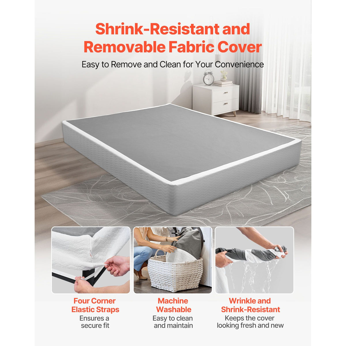 Box Spring, Queen Size Bed Frame with Washable Fabric Cloth, Heavy Duty Metal Frame for Queen Bed, 9.1 in Mattress Foundation, 3500 lbs Max Weight Capacity, Easy Assembly, 79.1 x 59.6 x 9.1 in