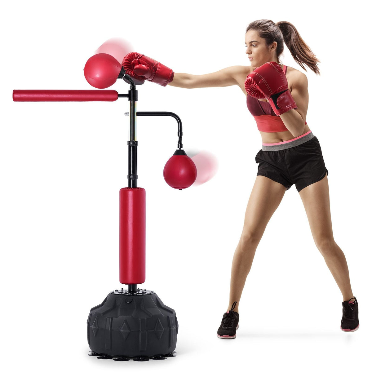 Boxing Speed Trainer, Punching Bag with Stand, Reflex Boxing Bag for Teens & Adults, Height Adjustable Free Standing Strike Bag Set with Gloves, Workout Speed Bag for Home Gym Training, Red