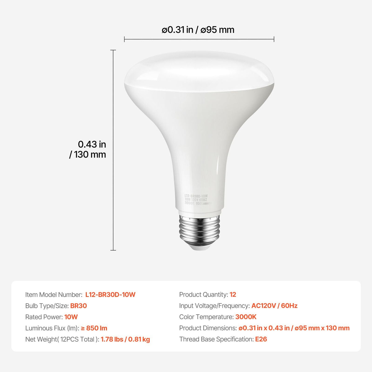 BR30 Flood Light Bulb, 12 Pack LED Indoor Flood Lights, 850 Lumens LED Flood Light Bulbs, E26 Standard Base, 3000K Warm Light, 15,000 Hour Lifetime, Stepless Dimmable Recessed Can Light Bulbs