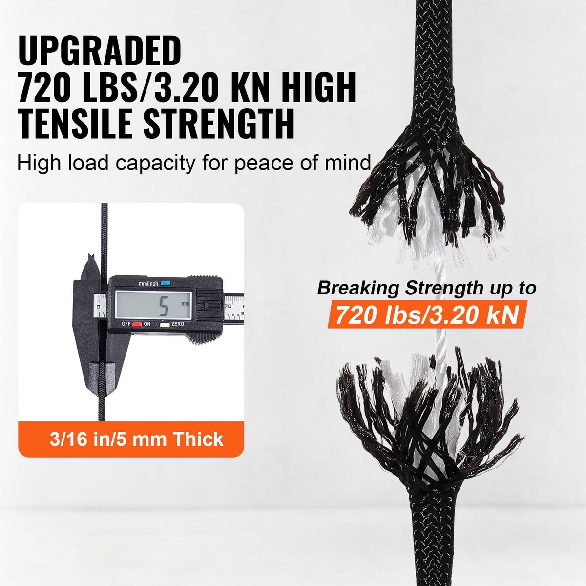 Braided Nylon Cord, 3/16 inch by 250 feet, 32-Strand Design, 720 LBS Tensile Strength, Multi-Purpose Black Rope for Outdoor, Tree Work, Hiking, Swinging, and Rescue Operations