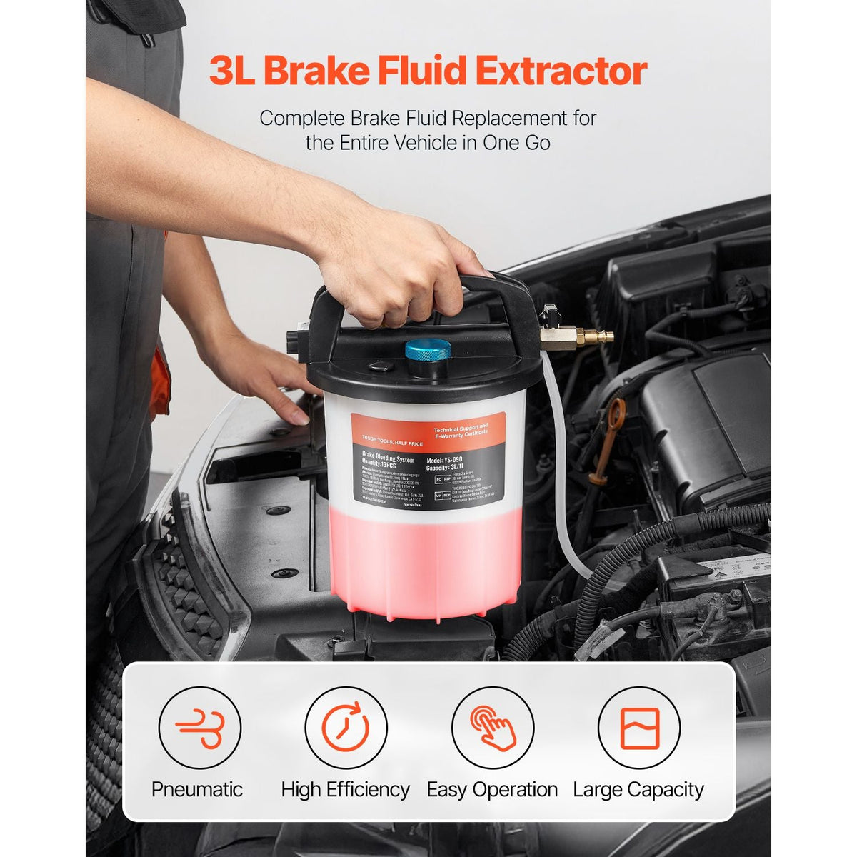 Brake Bleeder Kit, 3L Brake Fluid Extractor with 1L Siphon Refilling Bottle & 13 Hose Connectors, Complete Brake Fluid Bleeder Kit with Extended Silicone Hose & Handle, Fit for Most Vehicles