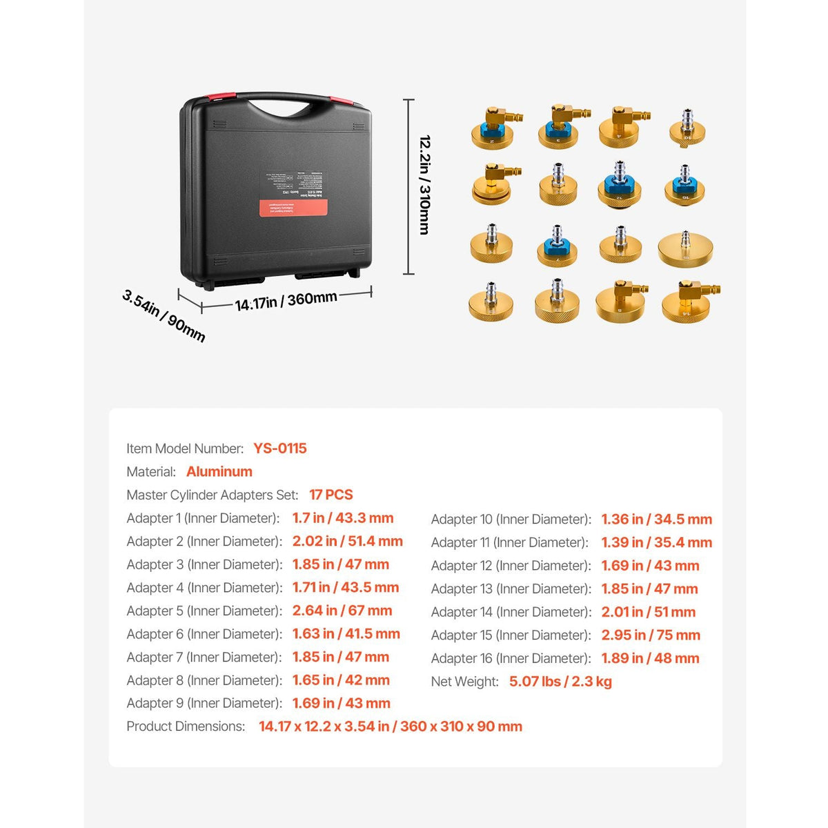 Brake Master Bleeder Kit, 17 Pcs, Professional Brake Bleeder Adapter Set with Complete Kit & Handle, Durable Brake Bleeder Adapter for Brake Fluid Filling Fit for Most New & Old Vehicles