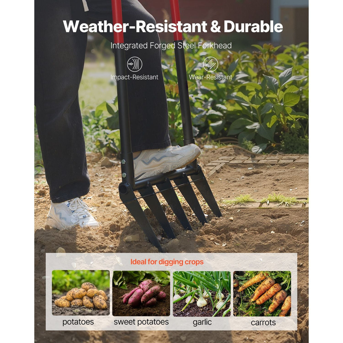 Broad Fork, 5-Tine Pitchfork with Dual Fiberglass Handles, Heavy Duty Garden Fork , Ergonomic U-Shaped Design Broadfork Hand Tiller, Gardening Tool for Composting Transplanting Aeration