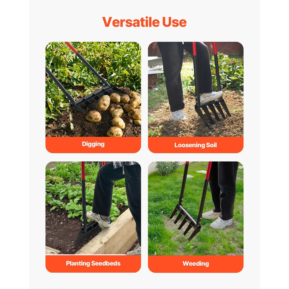 Broad Fork, 5-Tine Pitchfork with Dual Fiberglass Handles, Heavy Duty Garden Fork , Ergonomic U-Shaped Design Broadfork Hand Tiller, Gardening Tool for Composting Transplanting Aeration