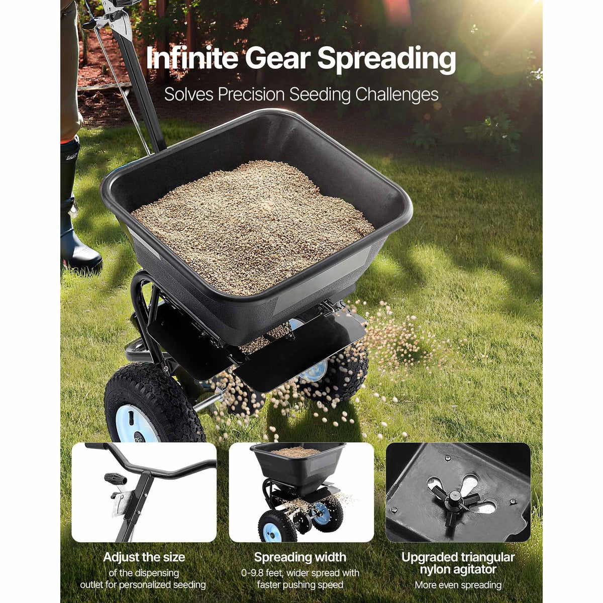 Broadcast Spreader, 100LBS4Capacity, Walk-Behind Push Spreader, 0-9.8ft Spreading Width, 13 in All Terrain Pneumatic Tires, Lawn Spreaders with Hopper Grate, for Seed, Fertilizer, Salt, Ice Melt