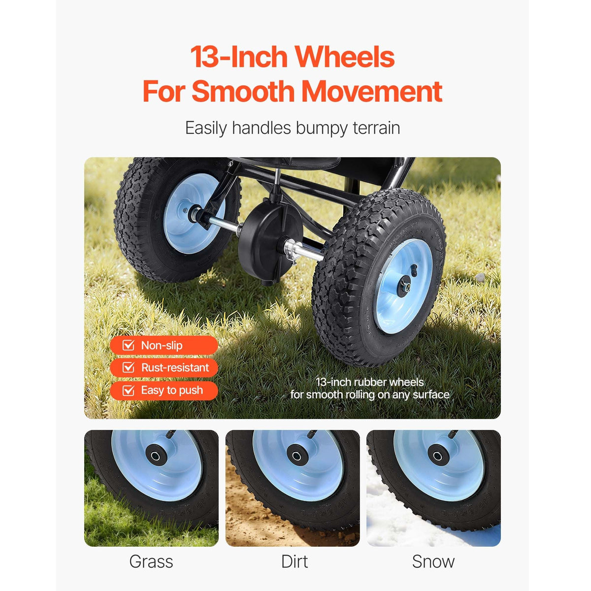 Broadcast Spreader, 100LBS4Capacity, Walk-Behind Push Spreader, 0-9.8ft Spreading Width, 13 in All Terrain Pneumatic Tires, Lawn Spreaders with Hopper Grate, for Seed, Fertilizer, Salt, Ice Melt