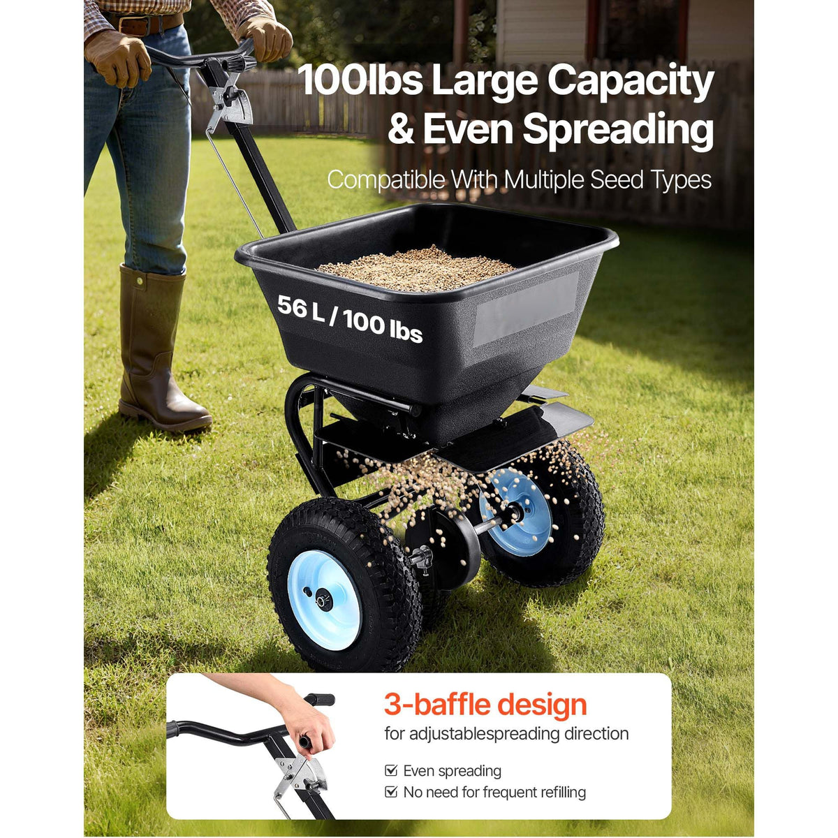 Broadcast Spreader, 100LBS4Capacity, Walk-Behind Push Spreader, 0-9.8ft Spreading Width, 13 in All Terrain Pneumatic Tires, Lawn Spreaders with Hopper Grate, for Seed, Fertilizer, Salt, Ice Melt