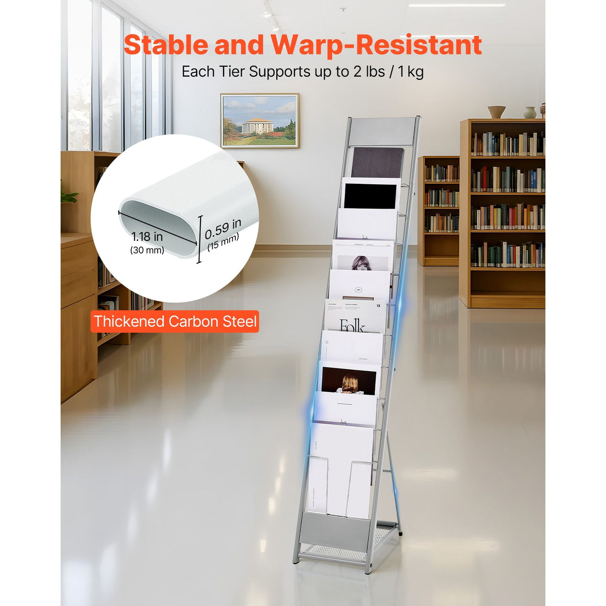 Brochure Display Rack, 10 Pockets Magazine Literature Display Stand, Portable Floor Standing Magazine Rack, Metal Newspaper Catalog Holders for Shop, Exhibitions, Office, Trade Show, Silver