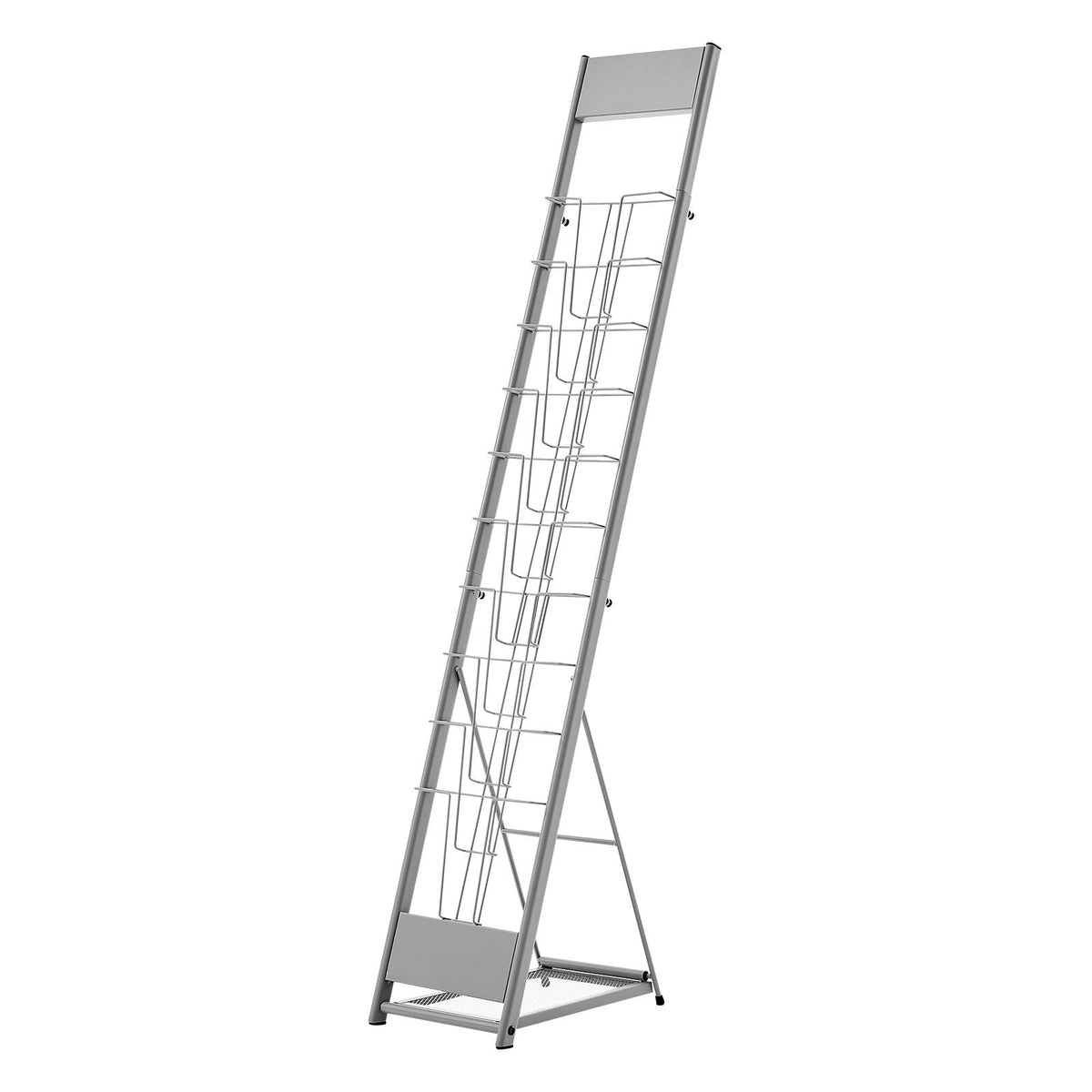Brochure Display Rack, 10 Pockets Magazine Literature Display Stand, Portable Floor Standing Magazine Rack, Metal Newspaper Catalog Holders for Shop, Exhibitions, Office, Trade Show, Silver
