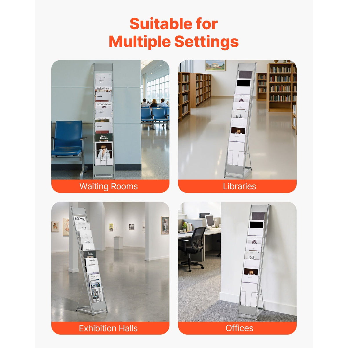 Brochure Display Rack, 10 Pockets Magazine Literature Display Stand, Portable Floor Standing Magazine Rack, Metal Newspaper Catalog Holders for Shop, Exhibitions, Office, Trade Show, Silver