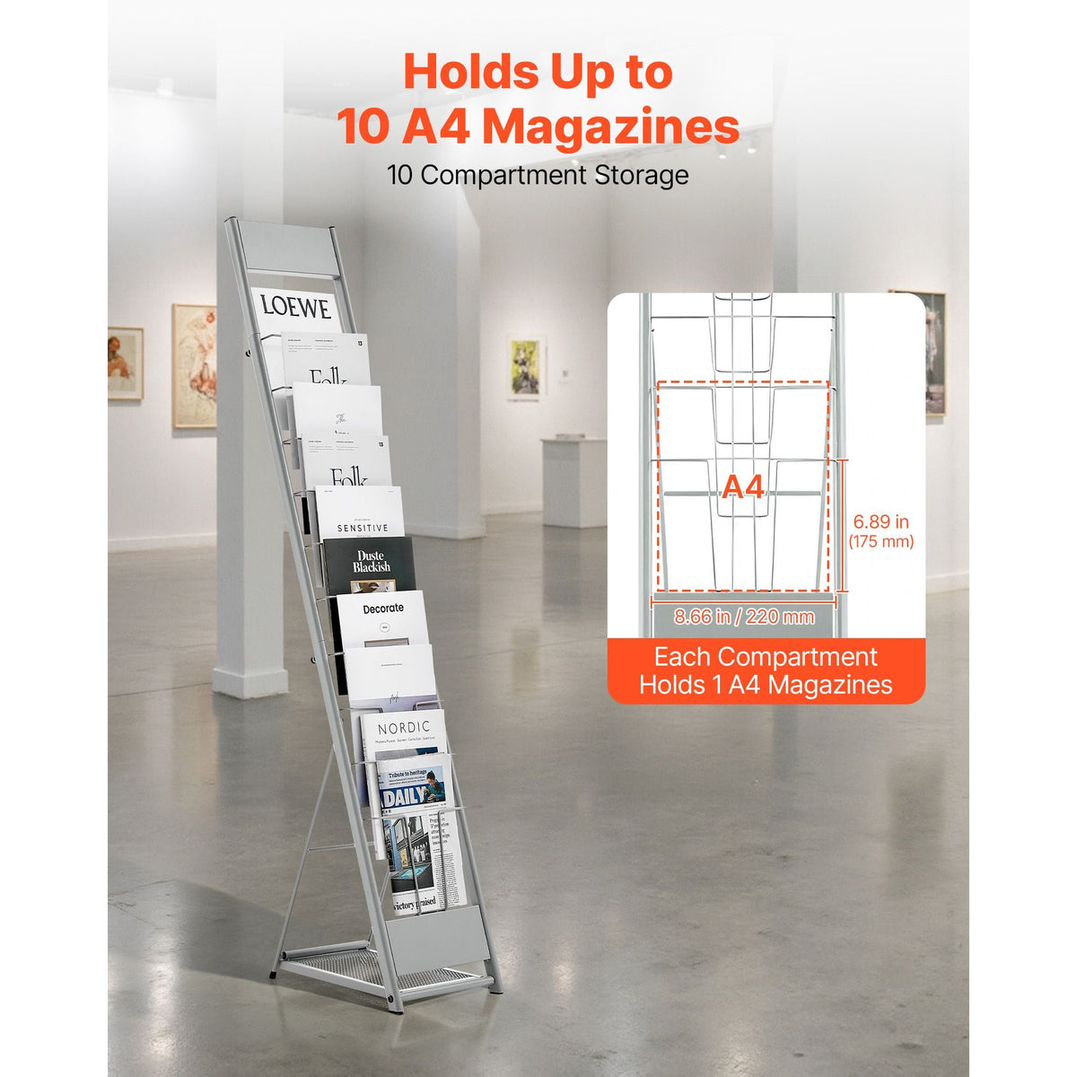 Brochure Display Rack, 10 Pockets Magazine Literature Display Stand, Portable Floor Standing Magazine Rack, Metal Newspaper Catalog Holders for Shop, Exhibitions, Office, Trade Show, Silver