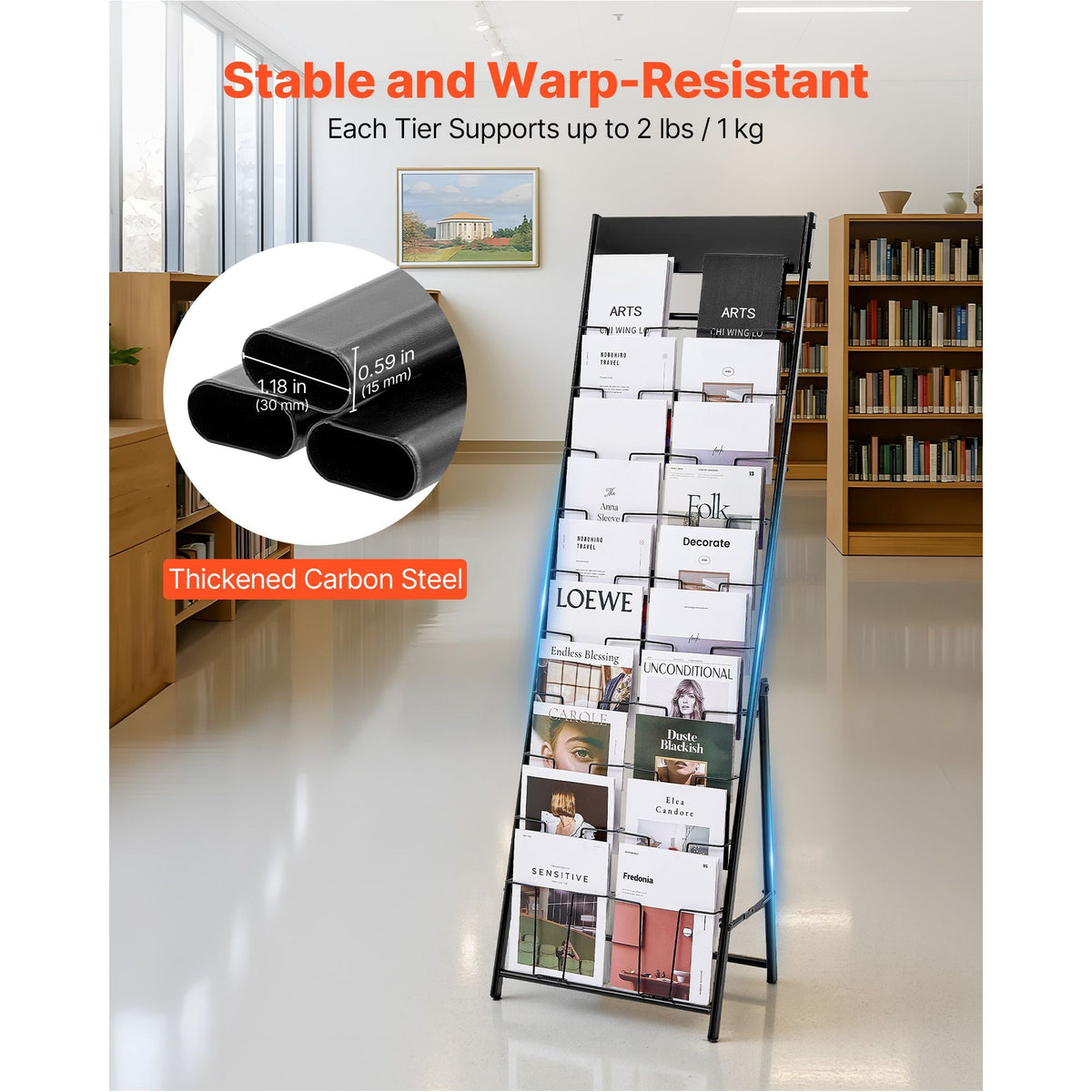 Brochure Display Rack, 20 Pockets Magazine Literature Display Stand, Portable Floor Standing Magazine Rack, Metal Newspaper Catalog Holders for Shop, Exhibitions, Office, Trade Show, Black