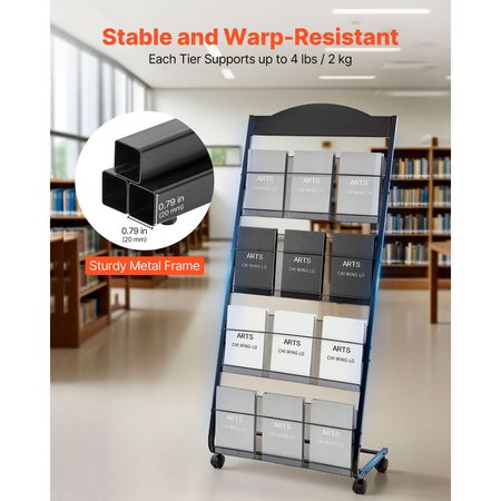 Brochure Display Rack, 4-Tier Magazine Literature Display Stand with Wheels, Movable Floor Standing Magazine Rack, Heavy Duty Newspaper Catalog Holders for Shop Exhibitions Office Craft Fairs