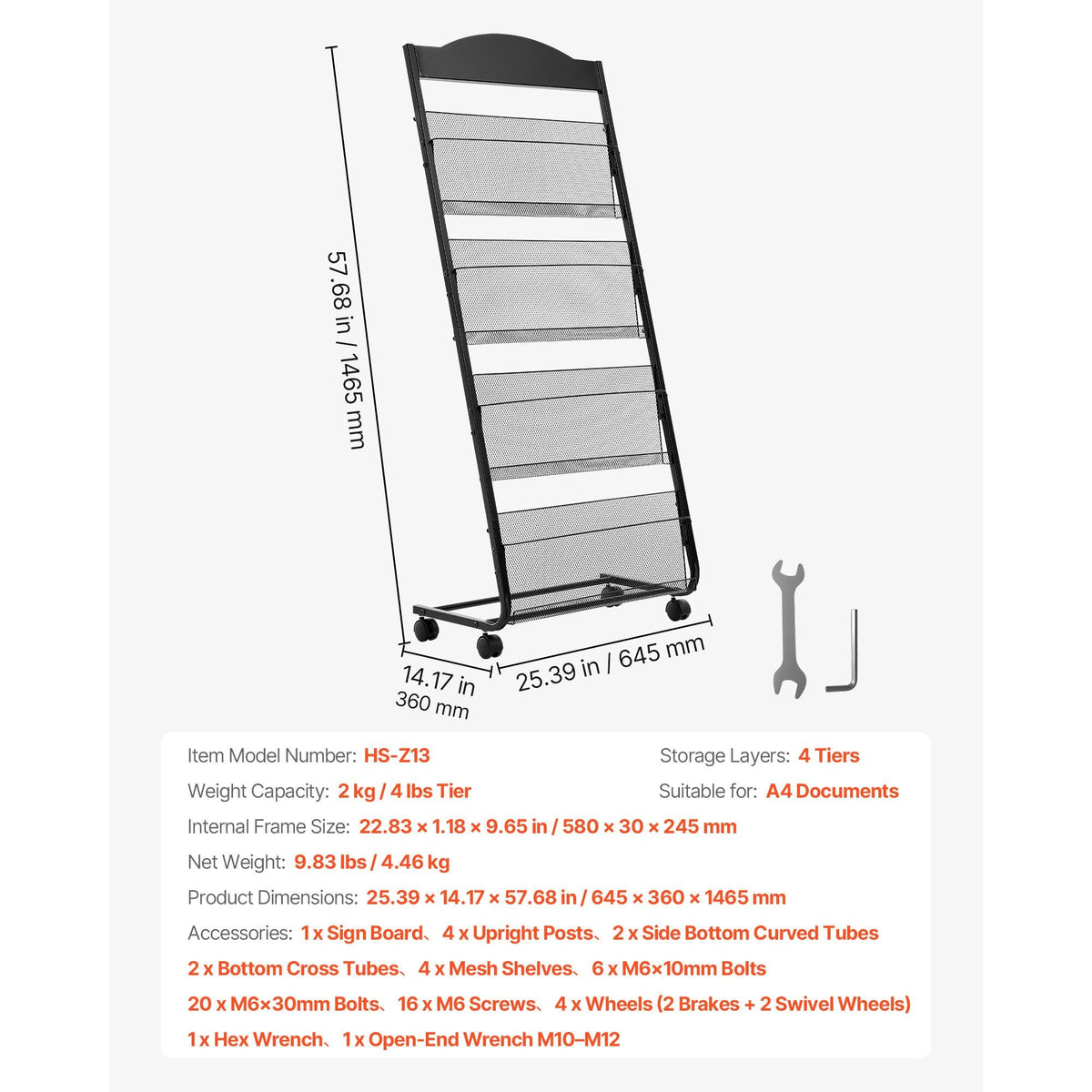 Brochure Display Rack, 4-Tier Magazine Literature Display Stand with Wheels, Movable Floor Standing Magazine Rack, Heavy Duty Newspaper Catalog Holders for Shop Exhibitions Office Craft Fairs