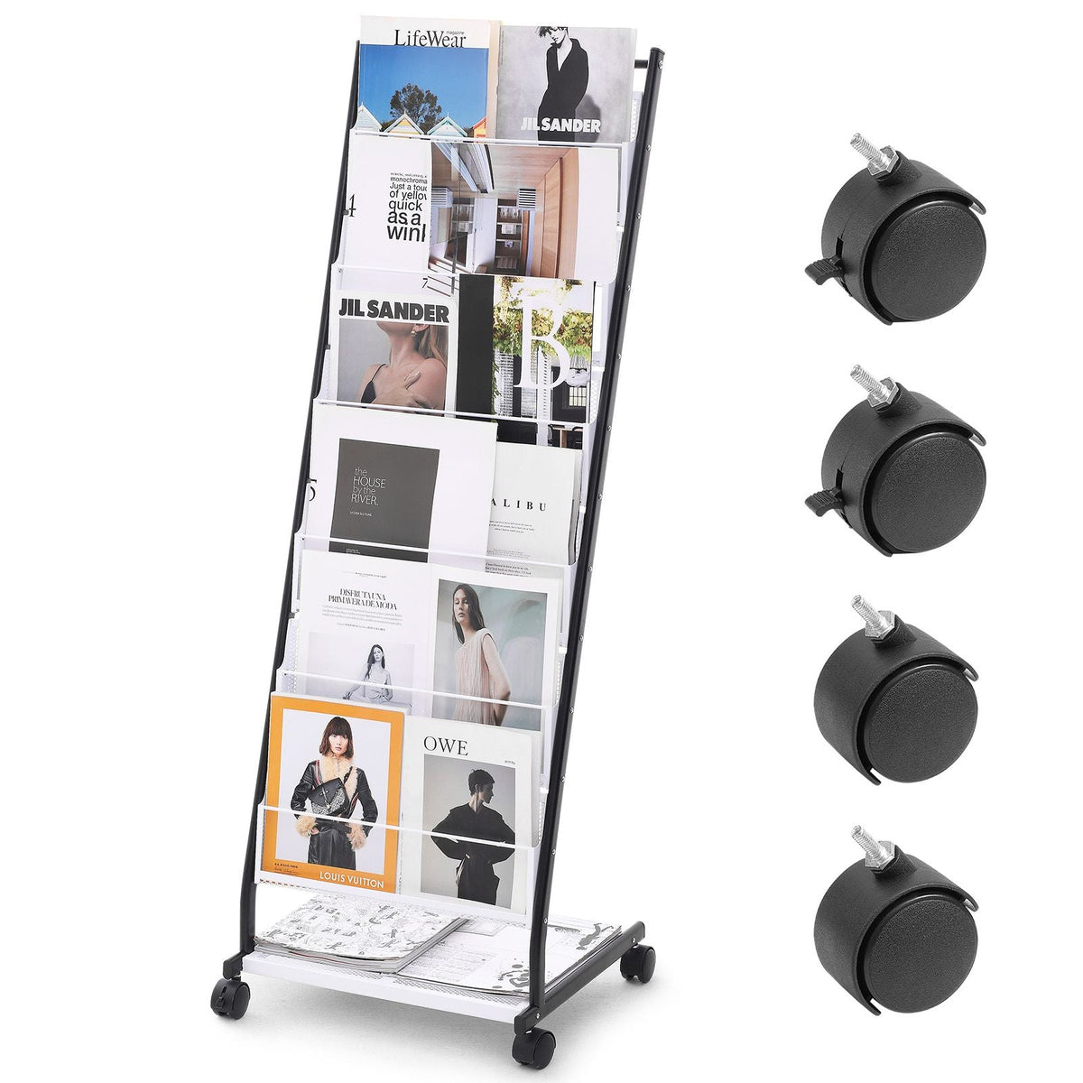 Brochure Display Rack, 6-Tier Magazine Literature Display Stand, Floor Standing Magazine Rack Newspaper Catalog Holders, Movable with 4 Wheels (2 Lockable) for Shop Exhibitions Office, 6 Pockets