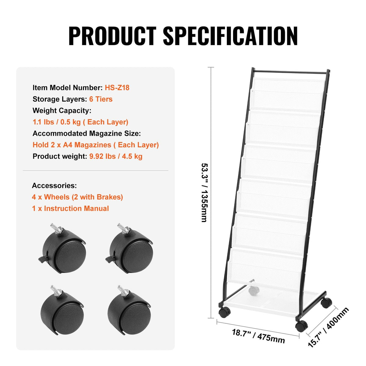 Brochure Display Rack, 6-Tier Magazine Literature Display Stand, Floor Standing Magazine Rack Newspaper Catalog Holders, Movable with 4 Wheels (2 Lockable) for Shop Exhibitions Office, 6 Pockets