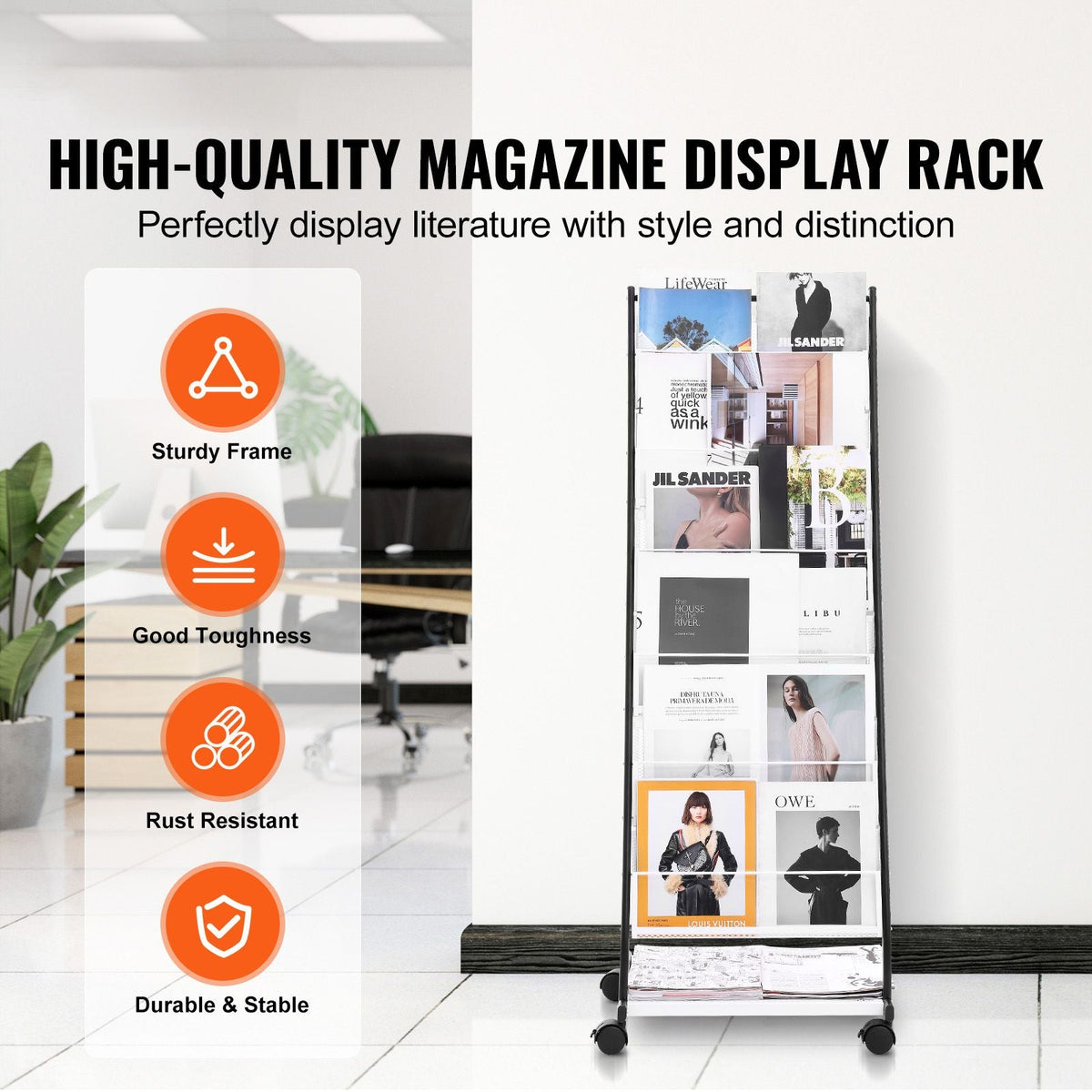 Brochure Display Rack, 6-Tier Magazine Literature Display Stand, Floor Standing Magazine Rack Newspaper Catalog Holders, Movable with 4 Wheels (2 Lockable) for Shop Exhibitions Office, 6 Pockets
