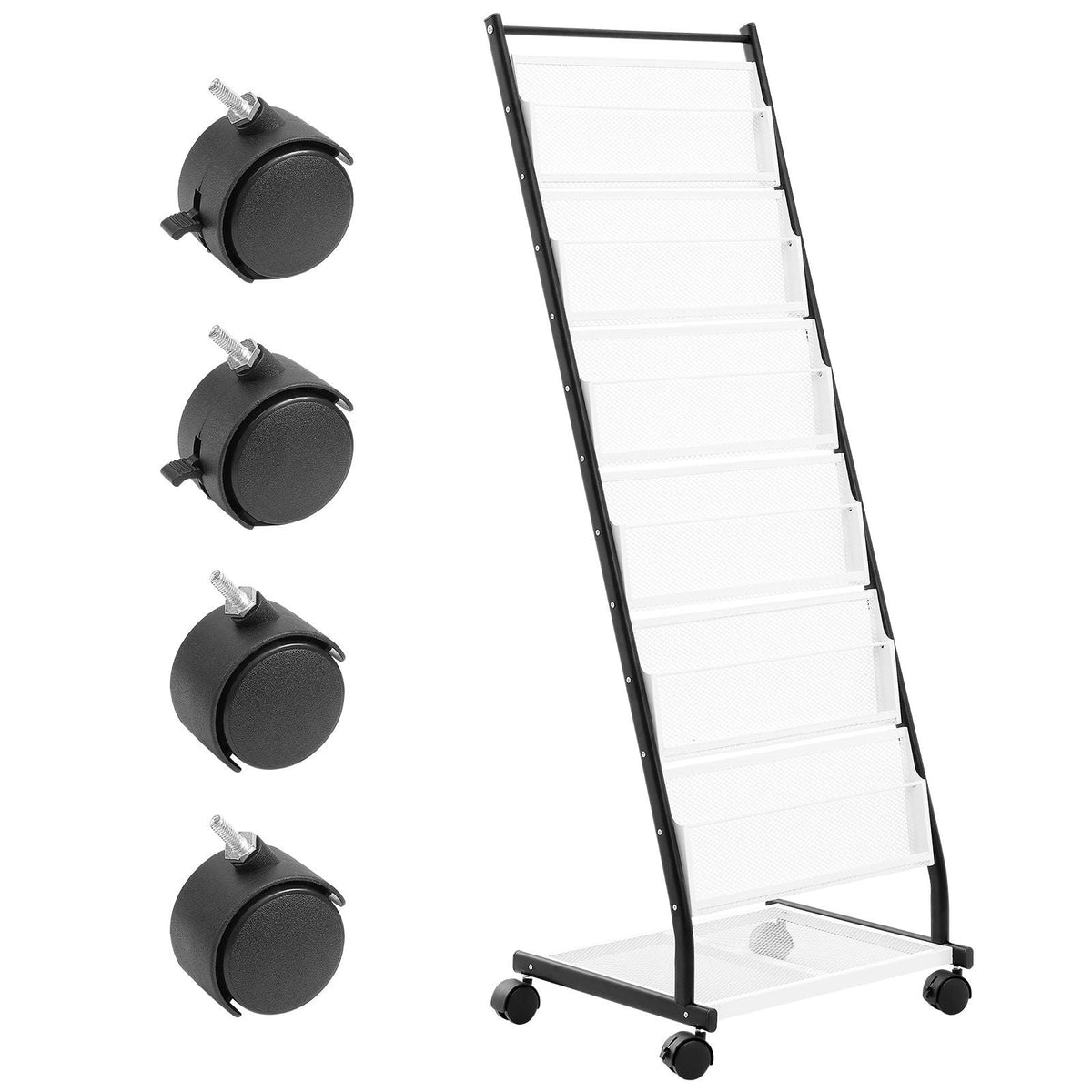 Brochure Display Rack, 6-Tier Magazine Literature Display Stand, Floor Standing Magazine Rack Newspaper Catalog Holders, Movable with 4 Wheels (2 Lockable) for Shop Exhibitions Office, 6 Pockets