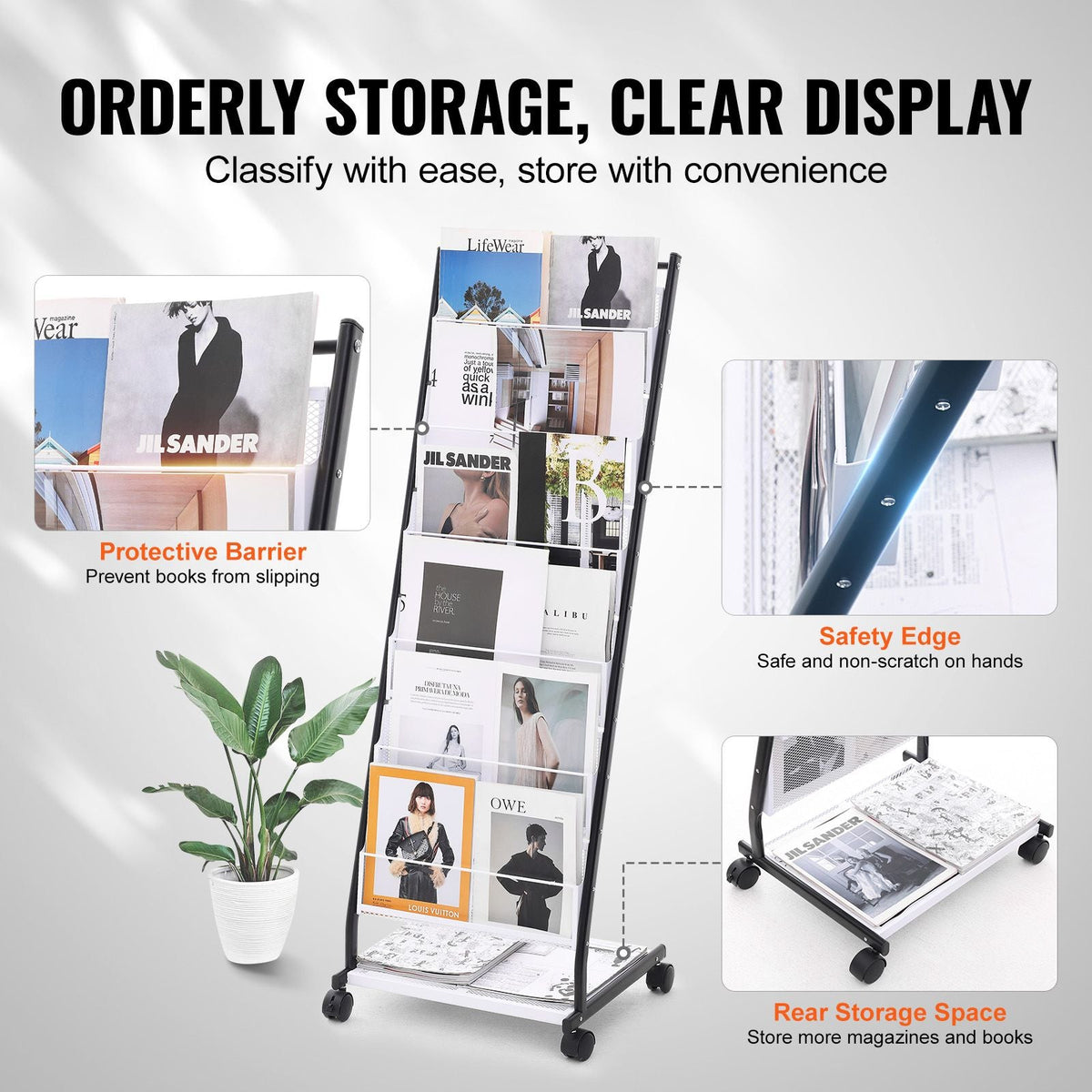 Brochure Display Rack, 6-Tier Magazine Literature Display Stand, Floor Standing Magazine Rack Newspaper Catalog Holders, Movable with 4 Wheels (2 Lockable) for Shop Exhibitions Office, 6 Pockets