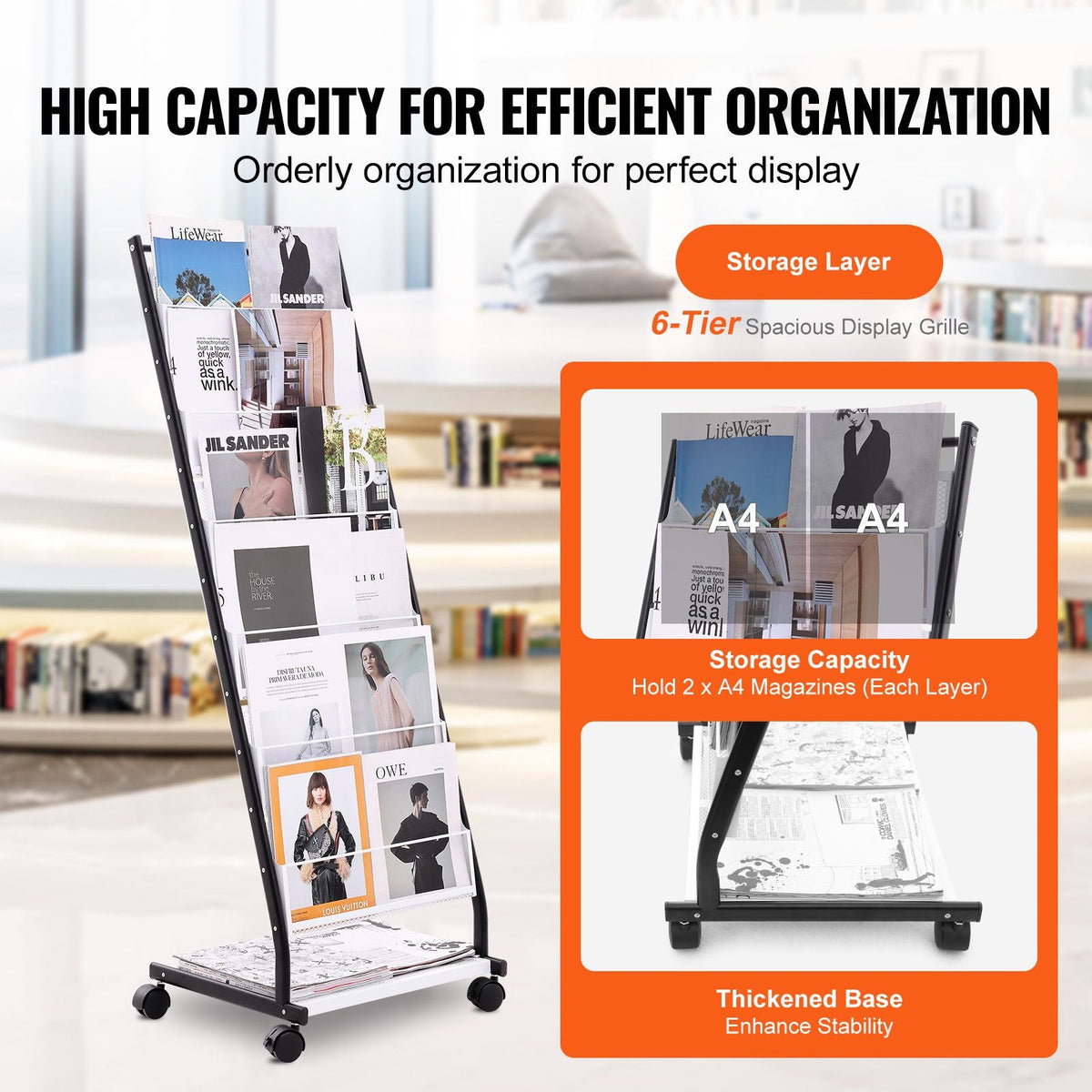 Brochure Display Rack, 6-Tier Magazine Literature Display Stand, Floor Standing Magazine Rack Newspaper Catalog Holders, Movable with 4 Wheels (2 Lockable) for Shop Exhibitions Office, 6 Pockets