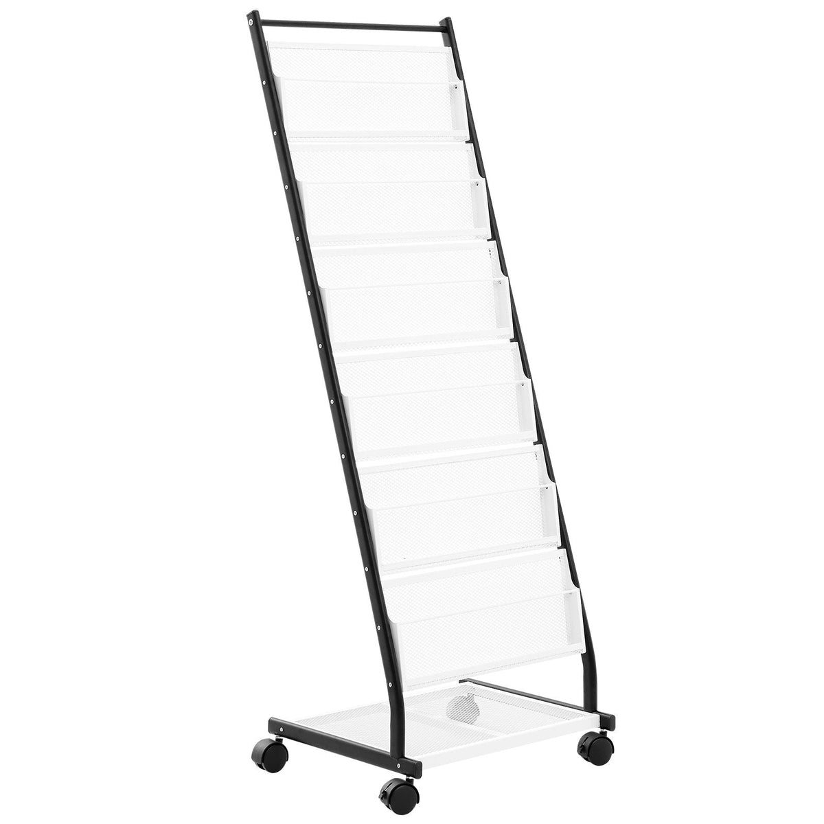 Brochure Display Rack, 6-Tier Magazine Literature Display Stand, Floor Standing Magazine Rack Newspaper Catalog Holders, Movable with 4 Wheels (2 Lockable) for Shop Exhibitions Office, 6 Pockets