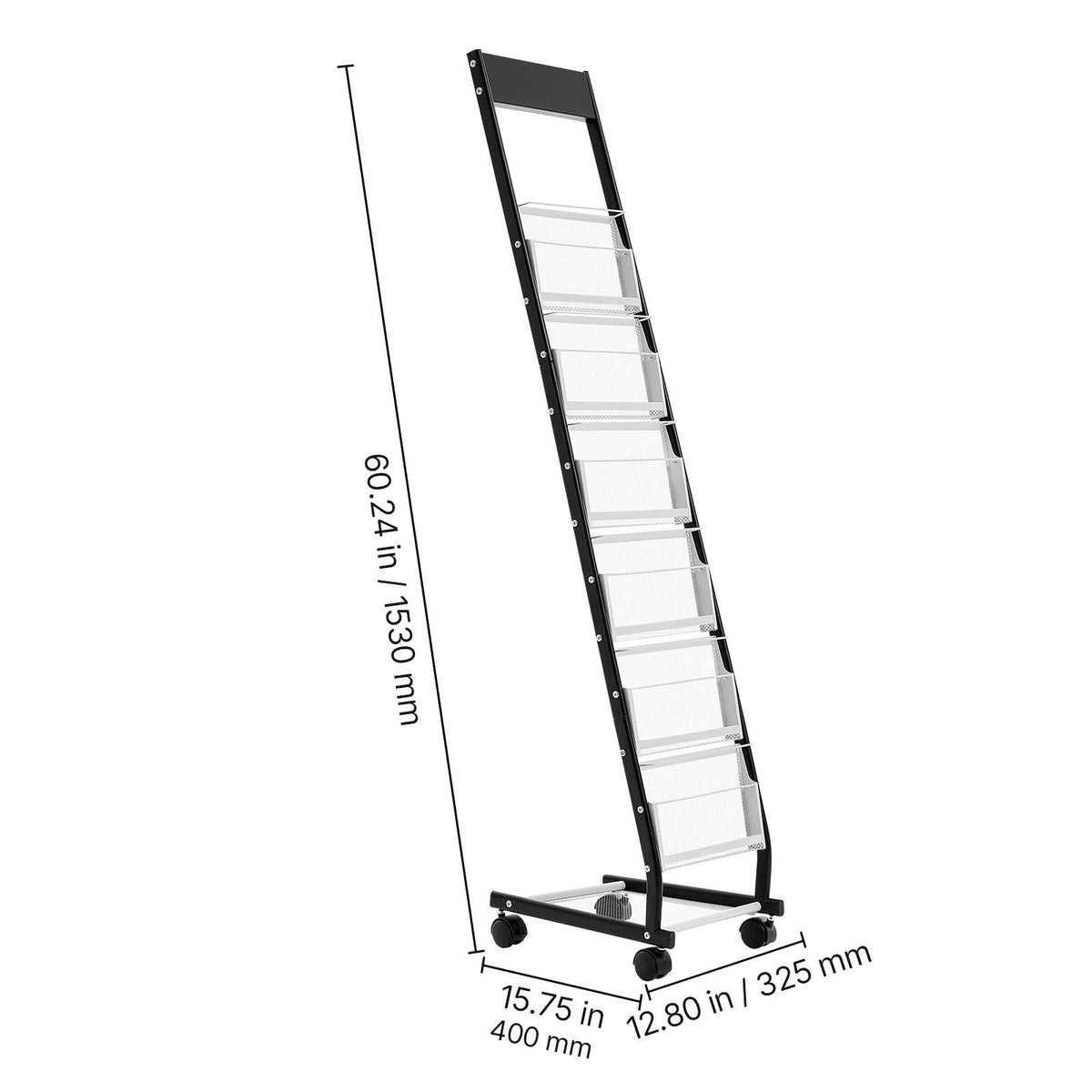 Brochure Display Rack, Narrow 6-Tier Magazine Literature Display Stand with Wheels, Metal Floor Standing Magazine Rack, Movable Newspaper Catalog Holders for Shop Exhibitions Office (6 Pockets)