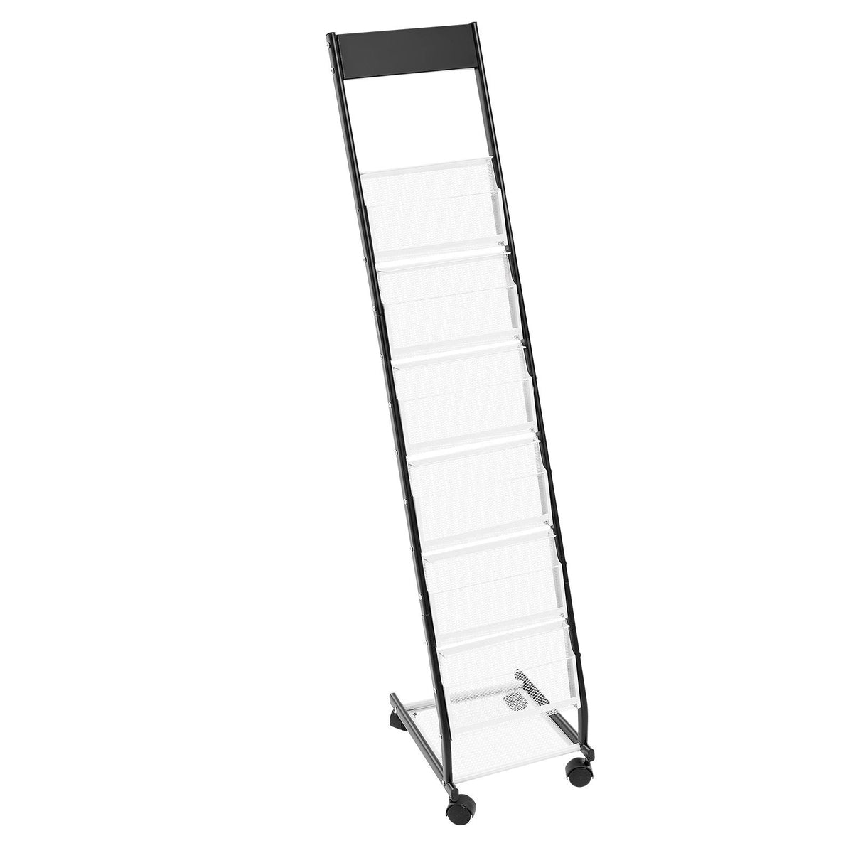 Brochure Display Rack, Narrow 6-Tier Magazine Literature Display Stand with Wheels, Metal Floor Standing Magazine Rack, Movable Newspaper Catalog Holders for Shop Exhibitions Office (6 Pockets)