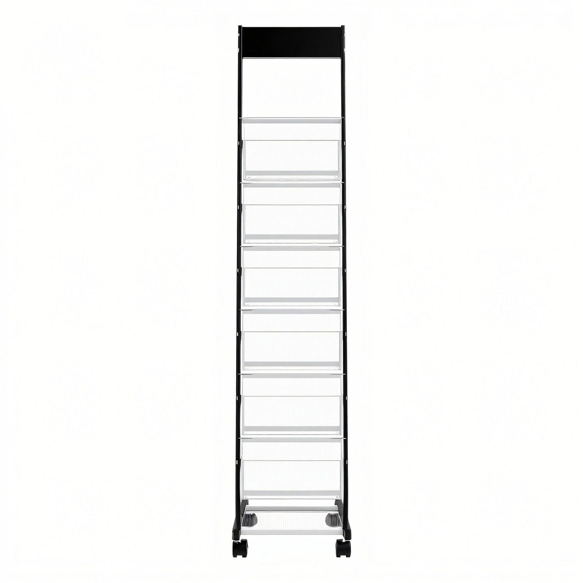 Brochure Display Rack, Narrow 6-Tier Magazine Literature Display Stand with Wheels, Metal Floor Standing Magazine Rack, Movable Newspaper Catalog Holders for Shop Exhibitions Office (6 Pockets)