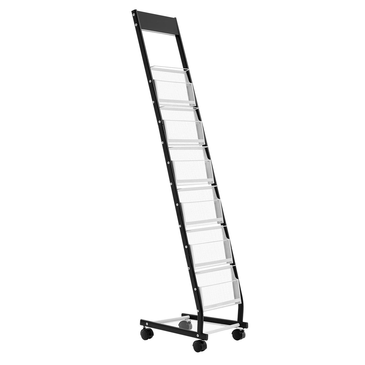 Brochure Display Rack, Narrow 6-Tier Magazine Literature Display Stand with Wheels, Metal Floor Standing Magazine Rack, Movable Newspaper Catalog Holders for Shop Exhibitions Office (6 Pockets)