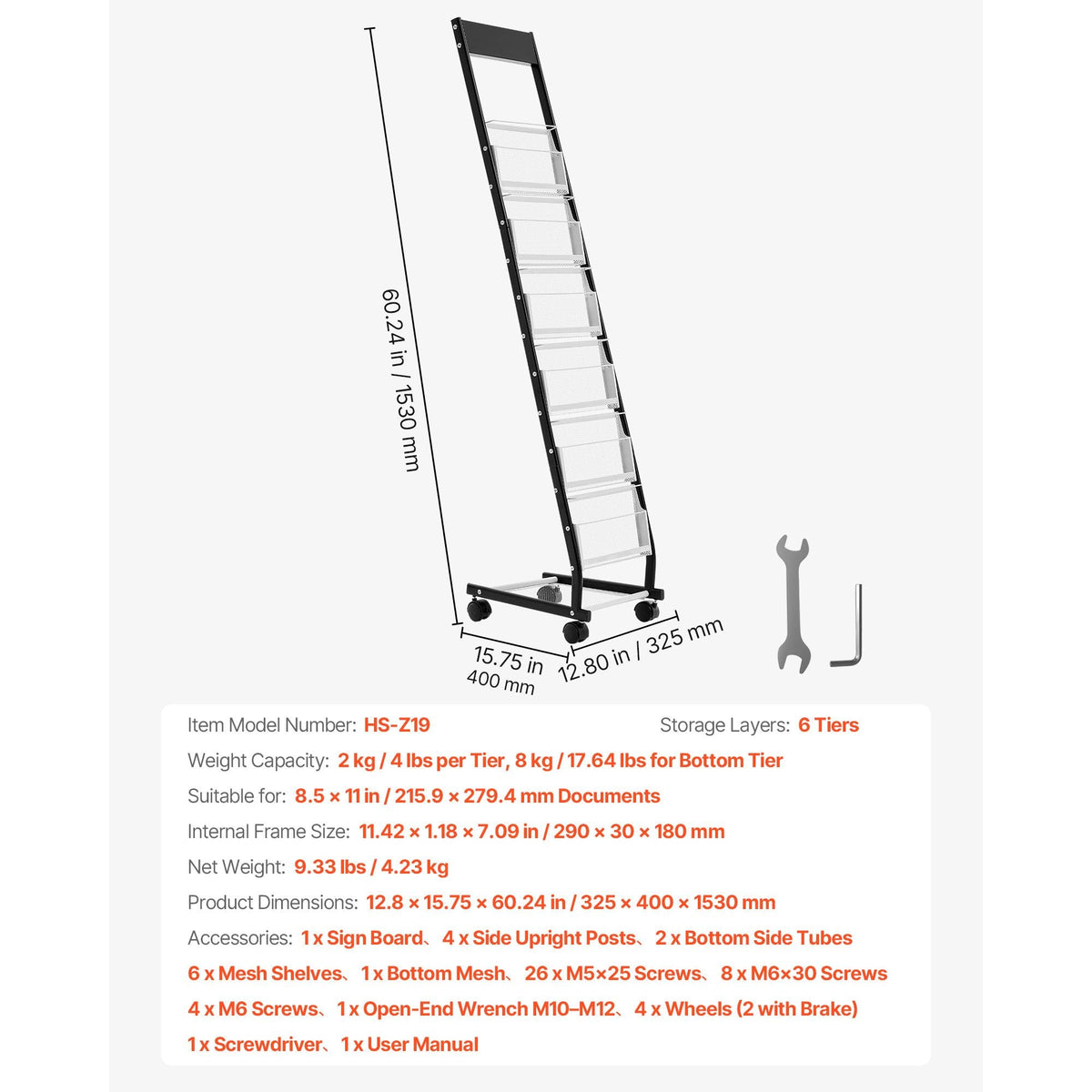 Brochure Display Rack, Narrow 6-Tier Magazine Literature Display Stand with Wheels, Metal Floor Standing Magazine Rack, Movable Newspaper Catalog Holders for Shop Exhibitions Office (6 Pockets)