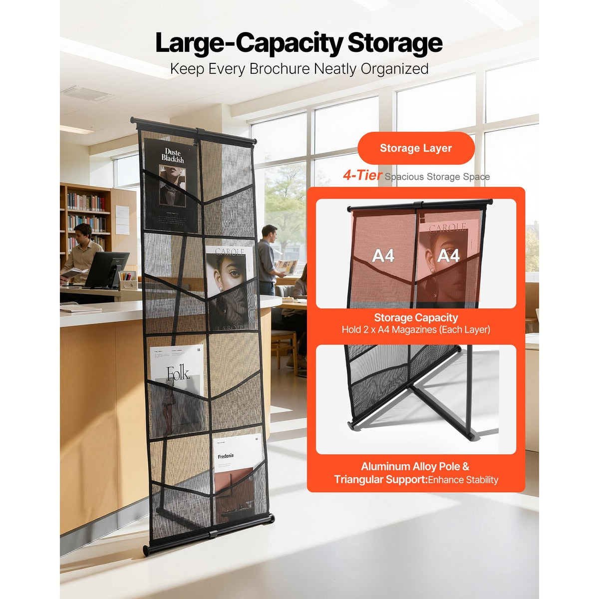 Brochure Display Stand, 4-Tier 8 Pockets Mesh Literature Display Holder, Floor Standing Magazine Newspaper Catalog Rack, Lightweight and Portable with Carrying Bag for Shop Exhibitions Office