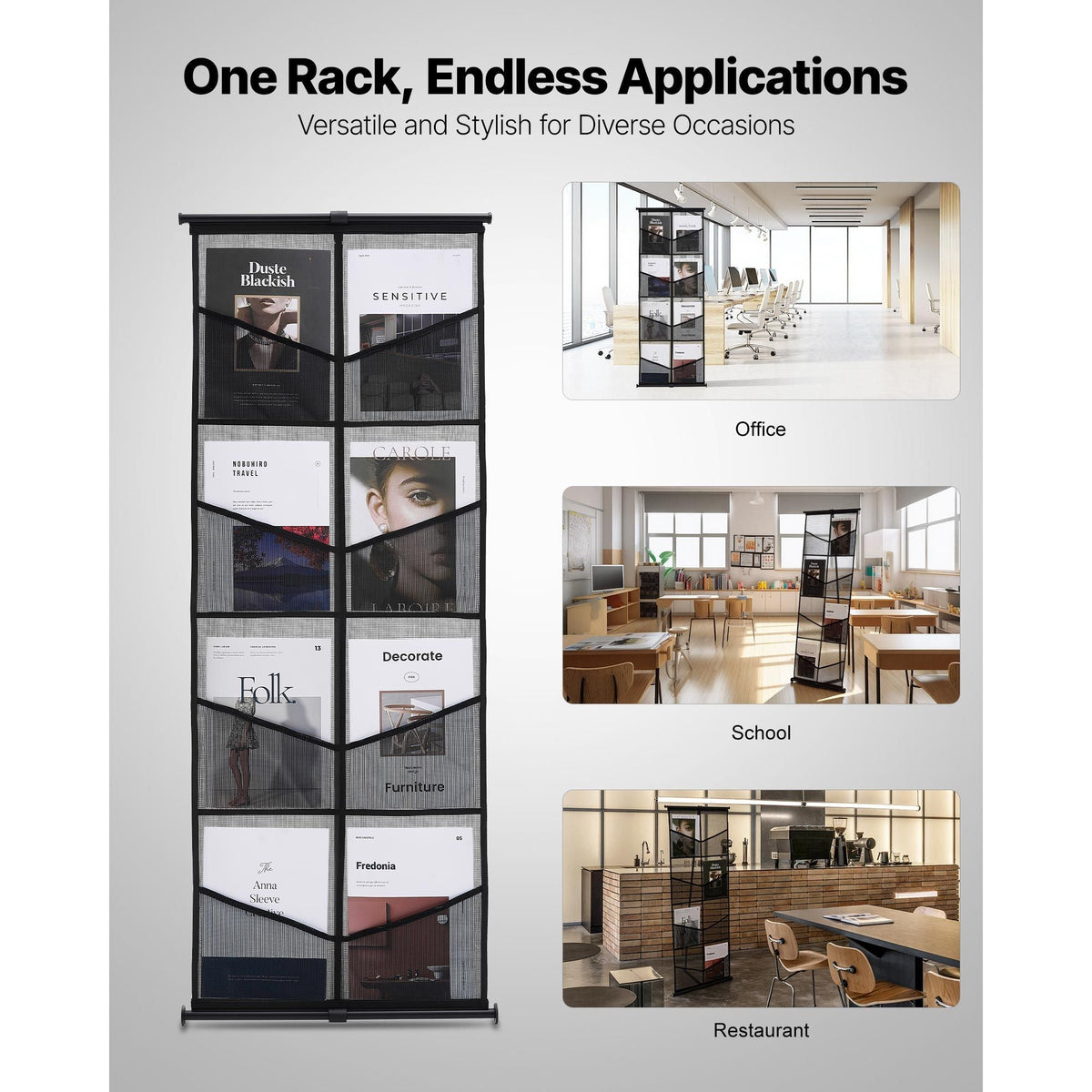 Brochure Display Stand, 4-Tier 8 Pockets Mesh Literature Display Holder, Floor Standing Magazine Newspaper Catalog Rack, Lightweight and Portable with Carrying Bag for Shop Exhibitions Office
