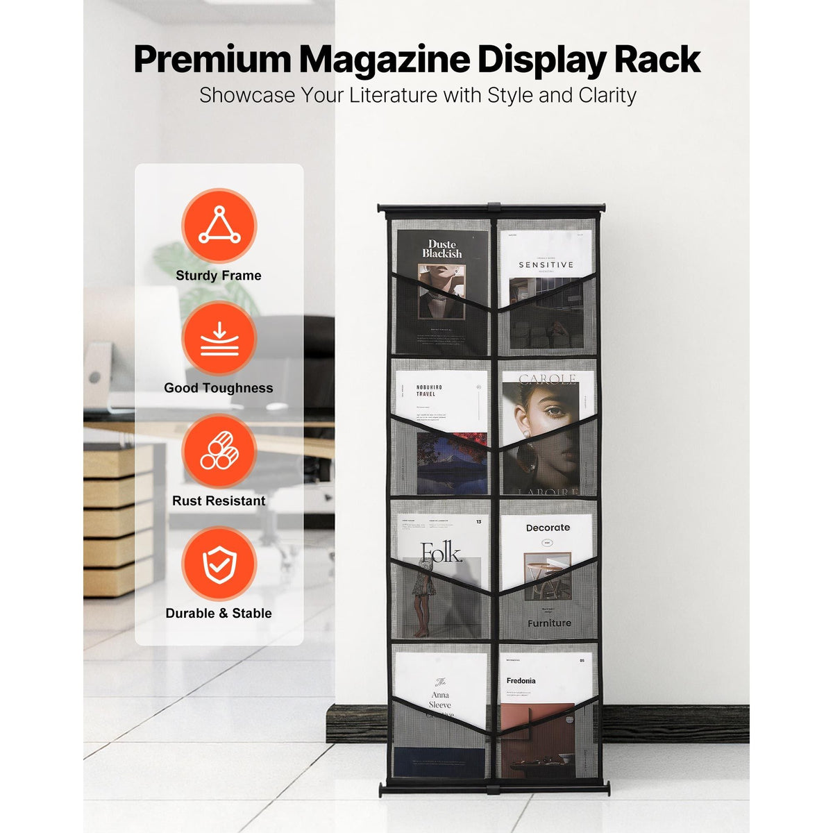 Brochure Display Stand, 4-Tier 8 Pockets Mesh Literature Display Holder, Floor Standing Magazine Newspaper Catalog Rack, Lightweight and Portable with Carrying Bag for Shop Exhibitions Office