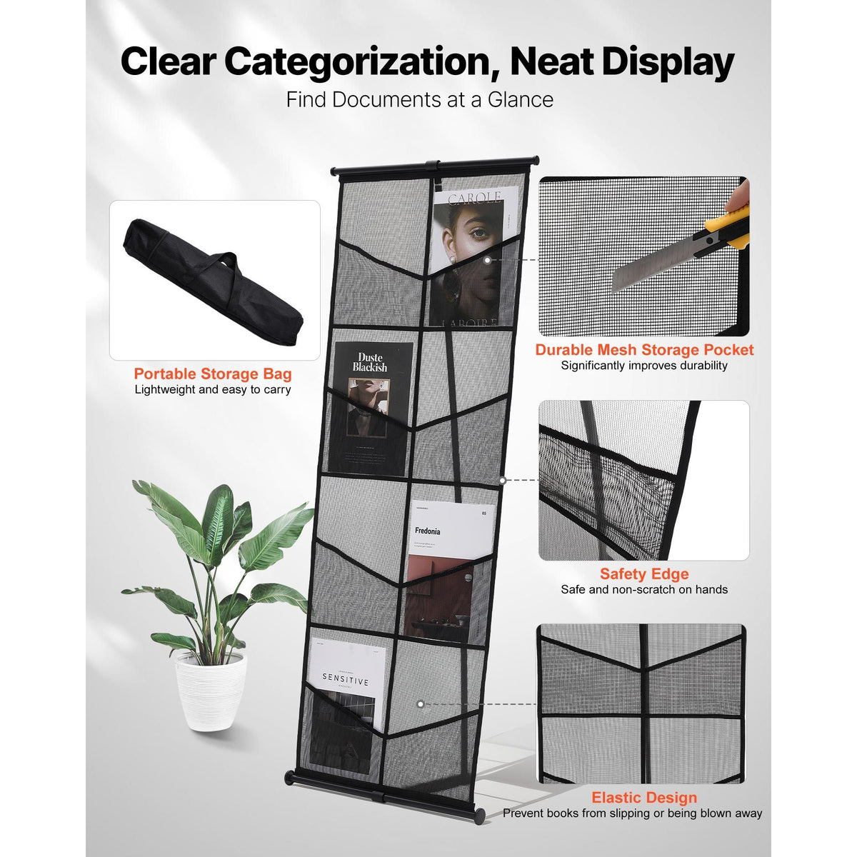 Brochure Display Stand, 4-Tier 8 Pockets Mesh Literature Display Holder, Floor Standing Magazine Newspaper Catalog Rack, Lightweight and Portable with Carrying Bag for Shop Exhibitions Office