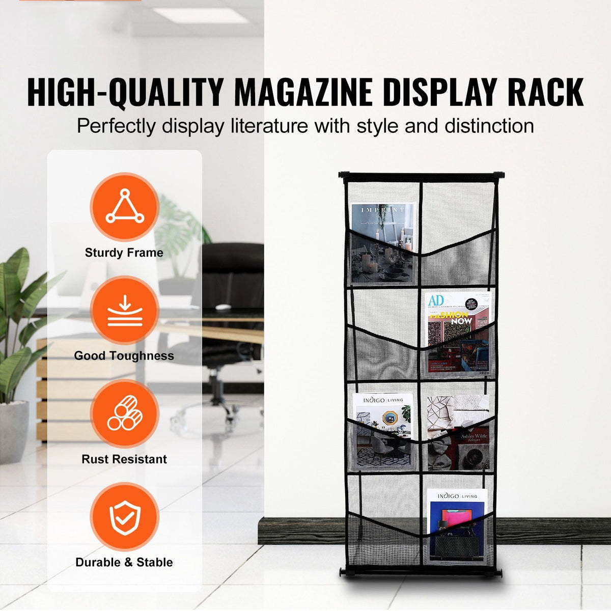 Brochure Display Stand, 4-Tier 8 Pockets Mesh Literature Display Holder, Floor Standing Magazine Newspaper Catalog Rack, Lightweight & Portable with Carrying Bag for Shop Exhibitions Office