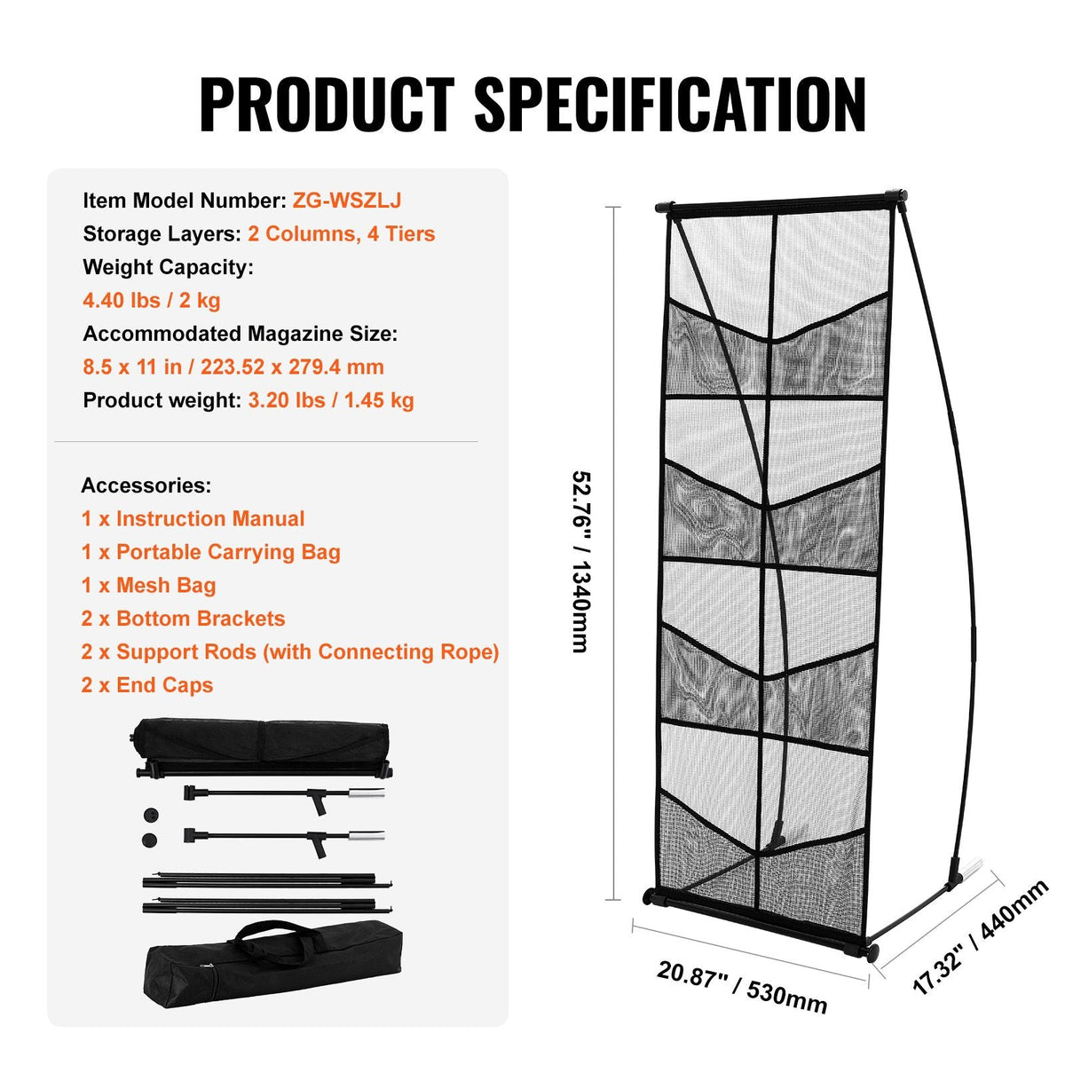 Brochure Display Stand, 4-Tier 8 Pockets Mesh Literature Display Holder, Floor Standing Magazine Newspaper Catalog Rack, Lightweight & Portable with Carrying Bag for Shop Exhibitions Office