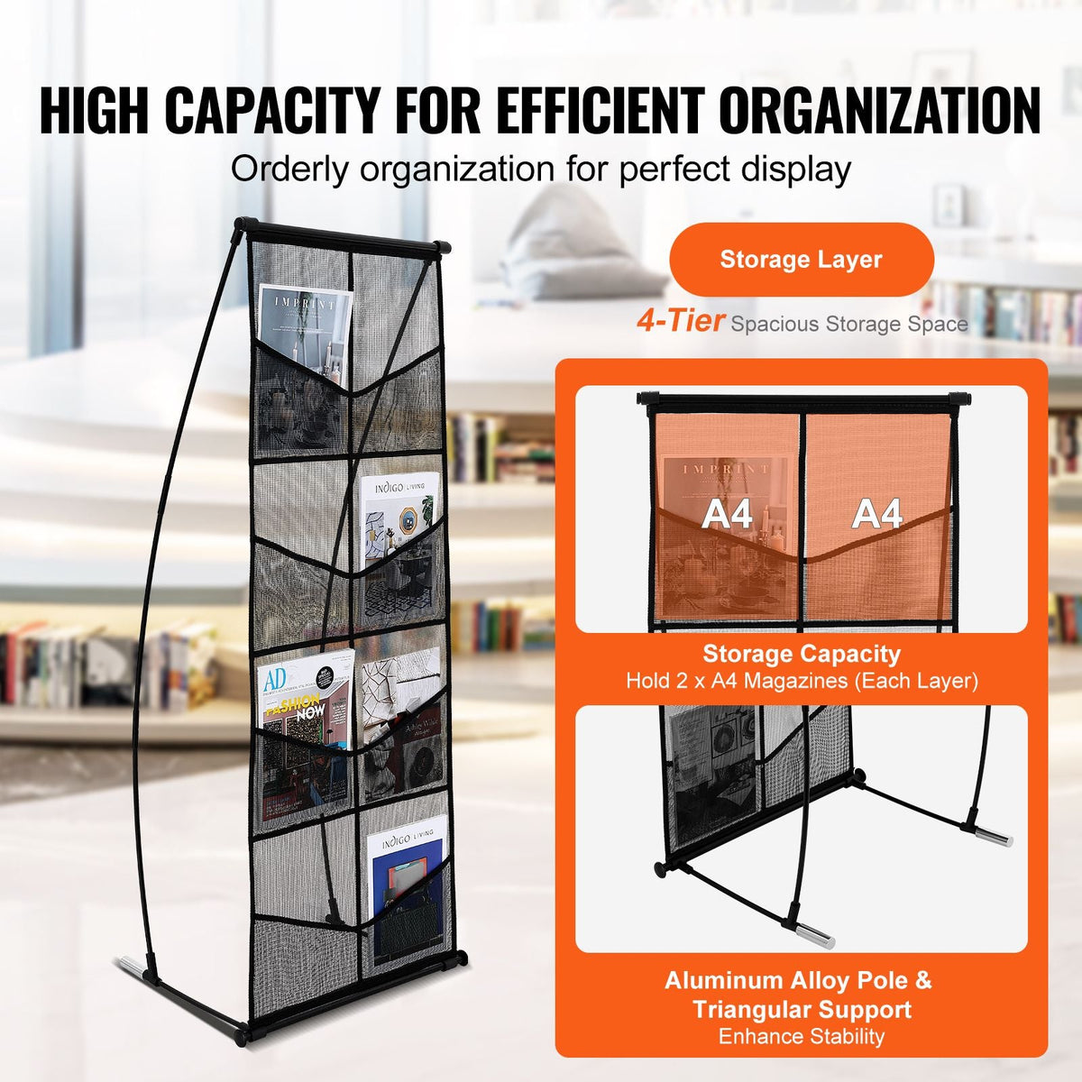 Brochure Display Stand, 4-Tier 8 Pockets Mesh Literature Display Holder, Floor Standing Magazine Newspaper Catalog Rack, Lightweight & Portable with Carrying Bag for Shop Exhibitions Office