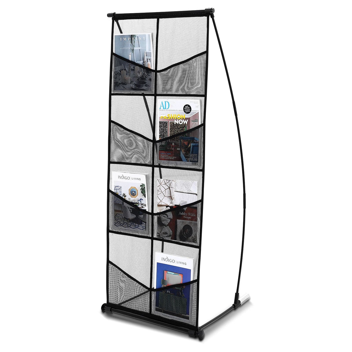 Brochure Display Stand, 4-Tier 8 Pockets Mesh Literature Display Holder, Floor Standing Magazine Newspaper Catalog Rack, Lightweight & Portable with Carrying Bag for Shop Exhibitions Office