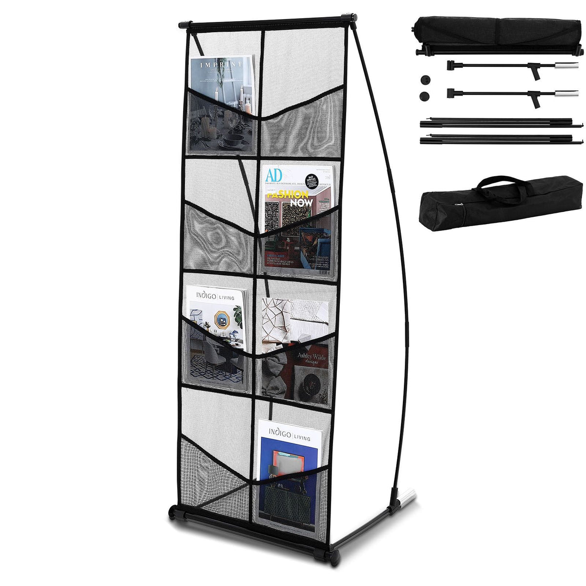 Brochure Display Stand, 4-Tier 8 Pockets Mesh Literature Display Holder, Floor Standing Magazine Newspaper Catalog Rack, Lightweight & Portable with Carrying Bag for Shop Exhibitions Office