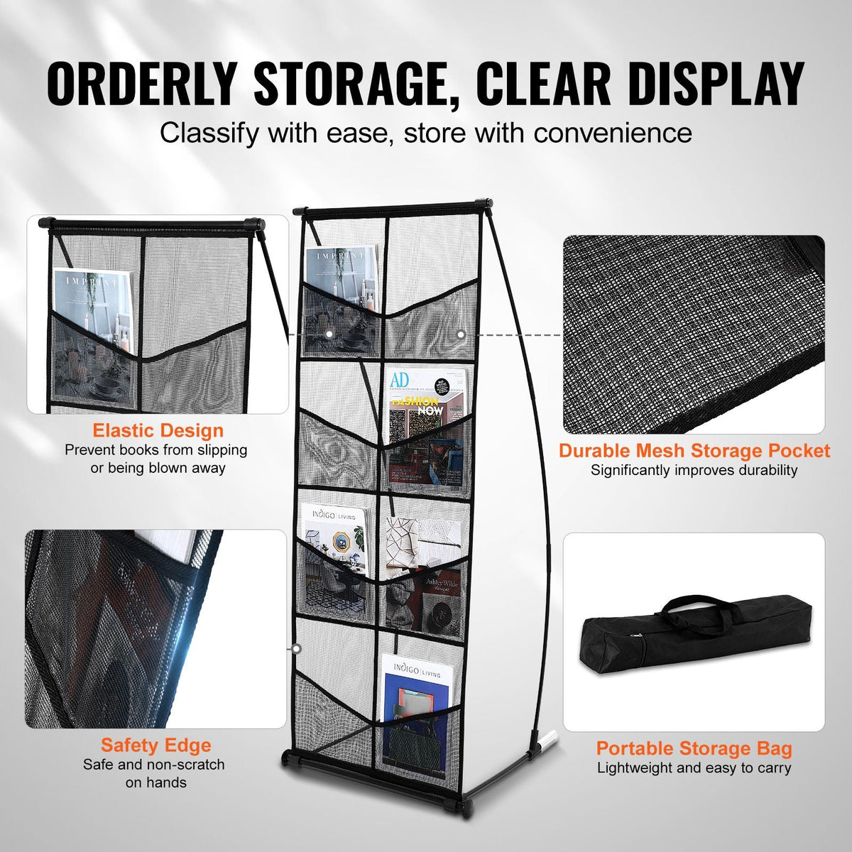 Brochure Display Stand, 4-Tier 8 Pockets Mesh Literature Display Holder, Floor Standing Magazine Newspaper Catalog Rack, Lightweight & Portable with Carrying Bag for Shop Exhibitions Office