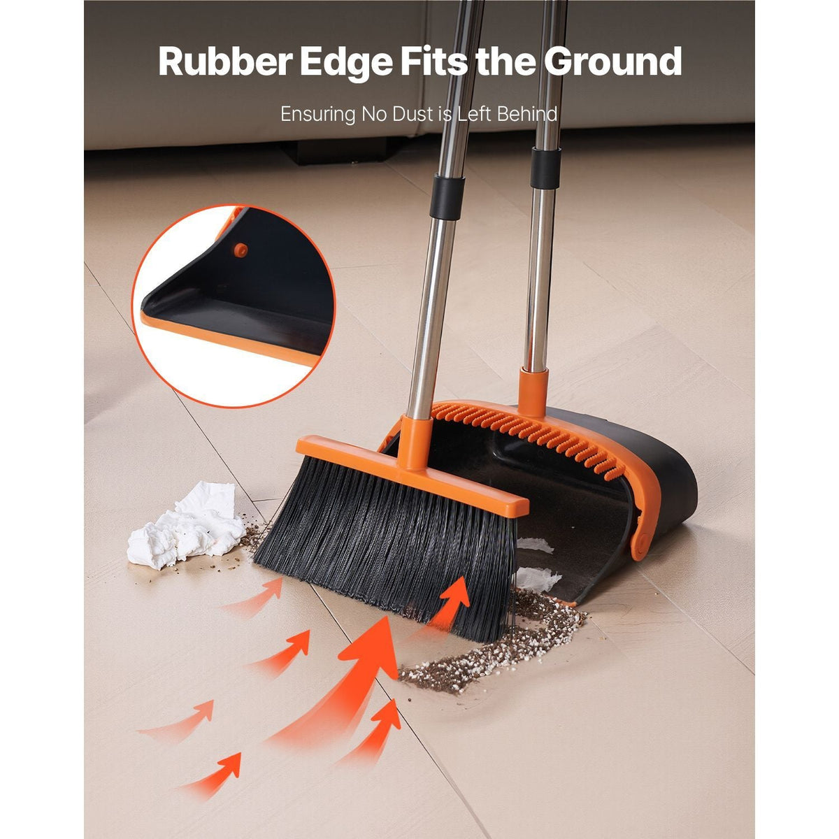 Broom and Dustpan Set, Heavy Duty Dustpan and Broom Combo with Self-Cleaning Teeth, Metal Upright Standing Dust Pan with Long Handle, Ideal for Home, Restaurant, Office, Dorm, Black+Orange