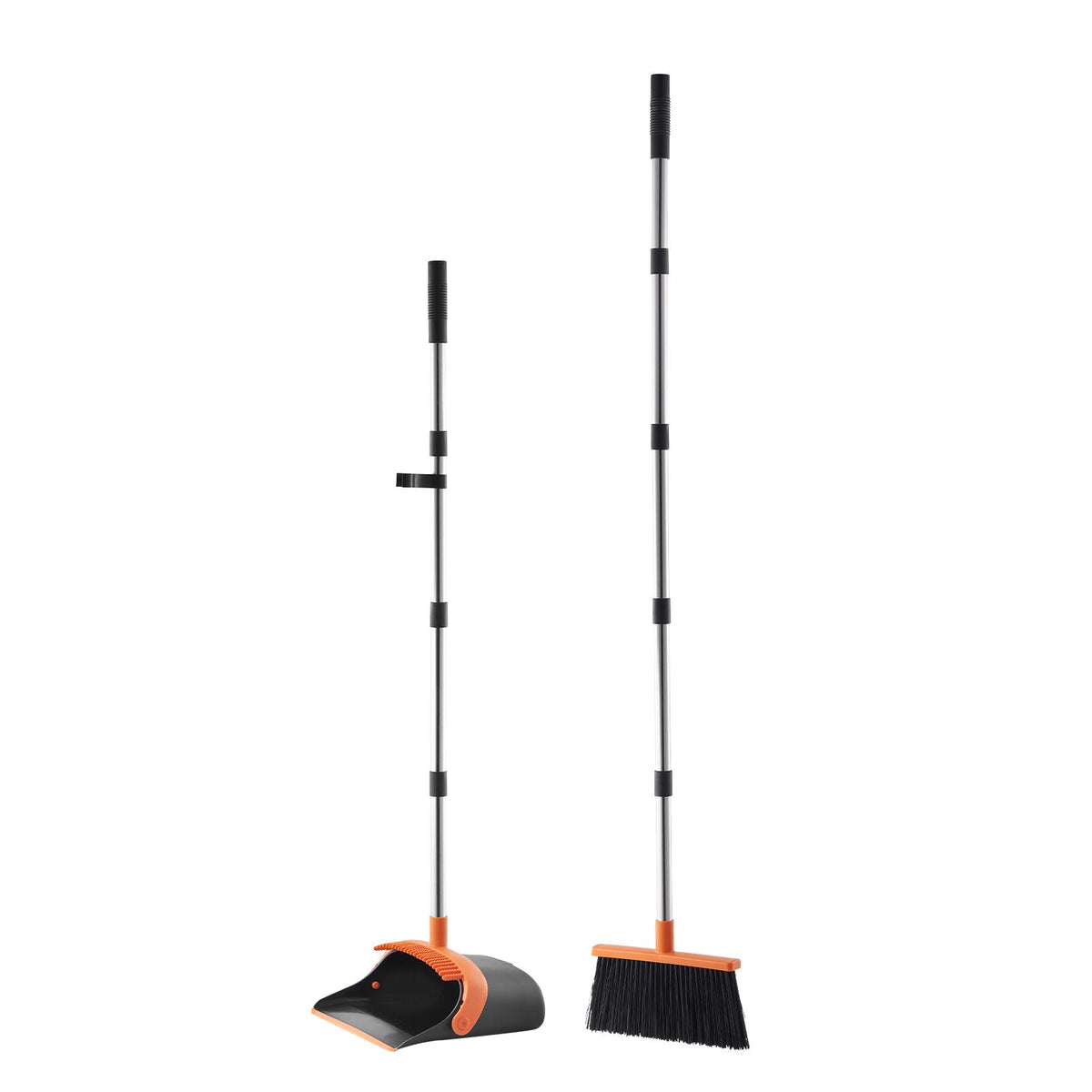 Broom and Dustpan Set, Heavy Duty Dustpan and Broom Combo with Self-Cleaning Teeth, Metal Upright Standing Dust Pan with Long Handle, Ideal for Home, Restaurant, Office, Dorm, Black+Orange