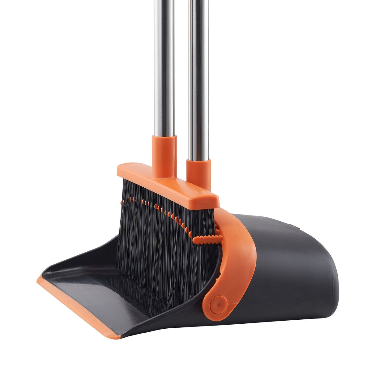 Broom and Dustpan Set, Heavy Duty Dustpan and Broom Combo with Self-Cleaning Teeth, Metal Upright Standing Dust Pan with Long Handle, Ideal for Home, Restaurant, Office, Dorm, Black+Orange