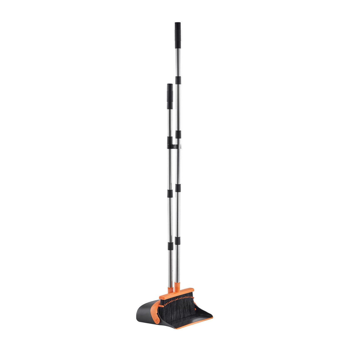 Broom and Dustpan Set, Heavy Duty Dustpan and Broom Combo with Self-Cleaning Teeth, Metal Upright Standing Dust Pan with Long Handle, Ideal for Home, Restaurant, Office, Dorm, Black+Orange