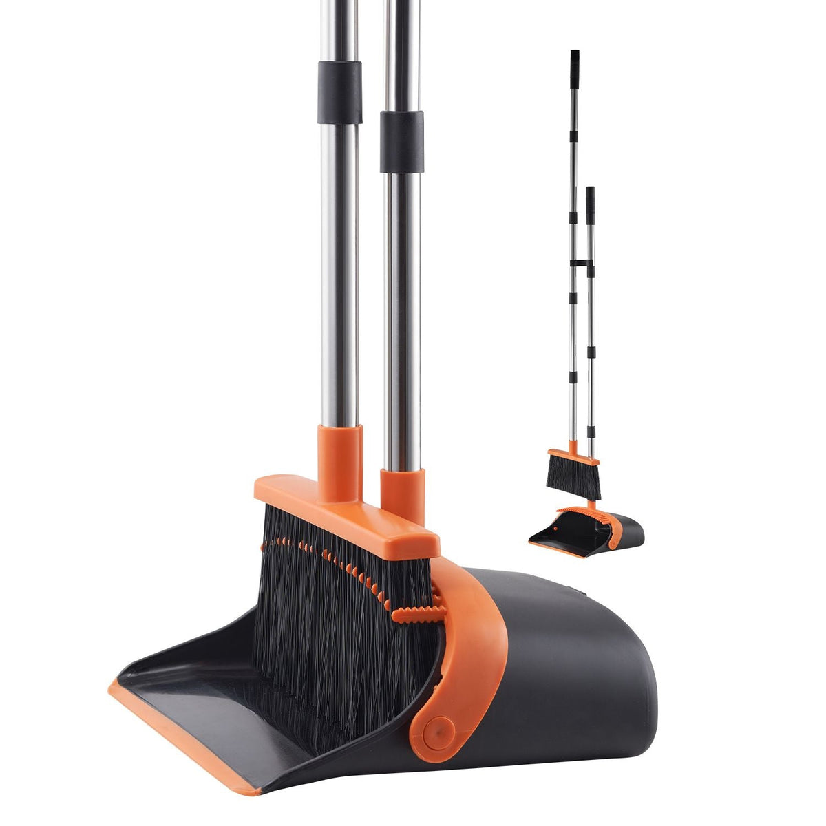 Broom and Dustpan Set, Heavy Duty Dustpan and Broom Combo with Self-Cleaning Teeth, Metal Upright Standing Dust Pan with Long Handle, Ideal for Home, Restaurant, Office, Dorm, Black+Orange