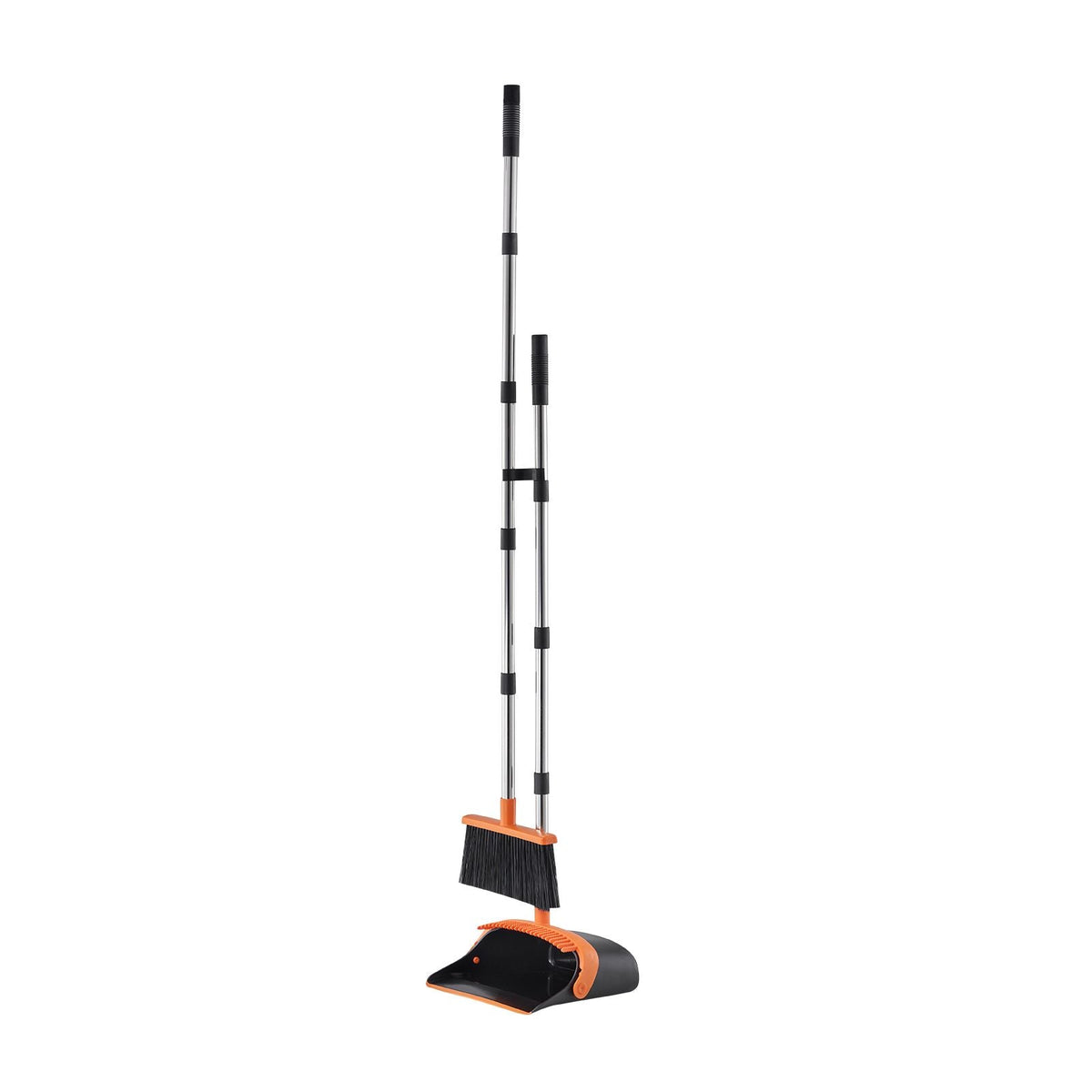 Broom and Dustpan Set, Heavy Duty Dustpan and Broom Combo with Self-Cleaning Teeth, Metal Upright Standing Dust Pan with Long Handle, Ideal for Home, Restaurant, Office, Dorm, Black+Orange